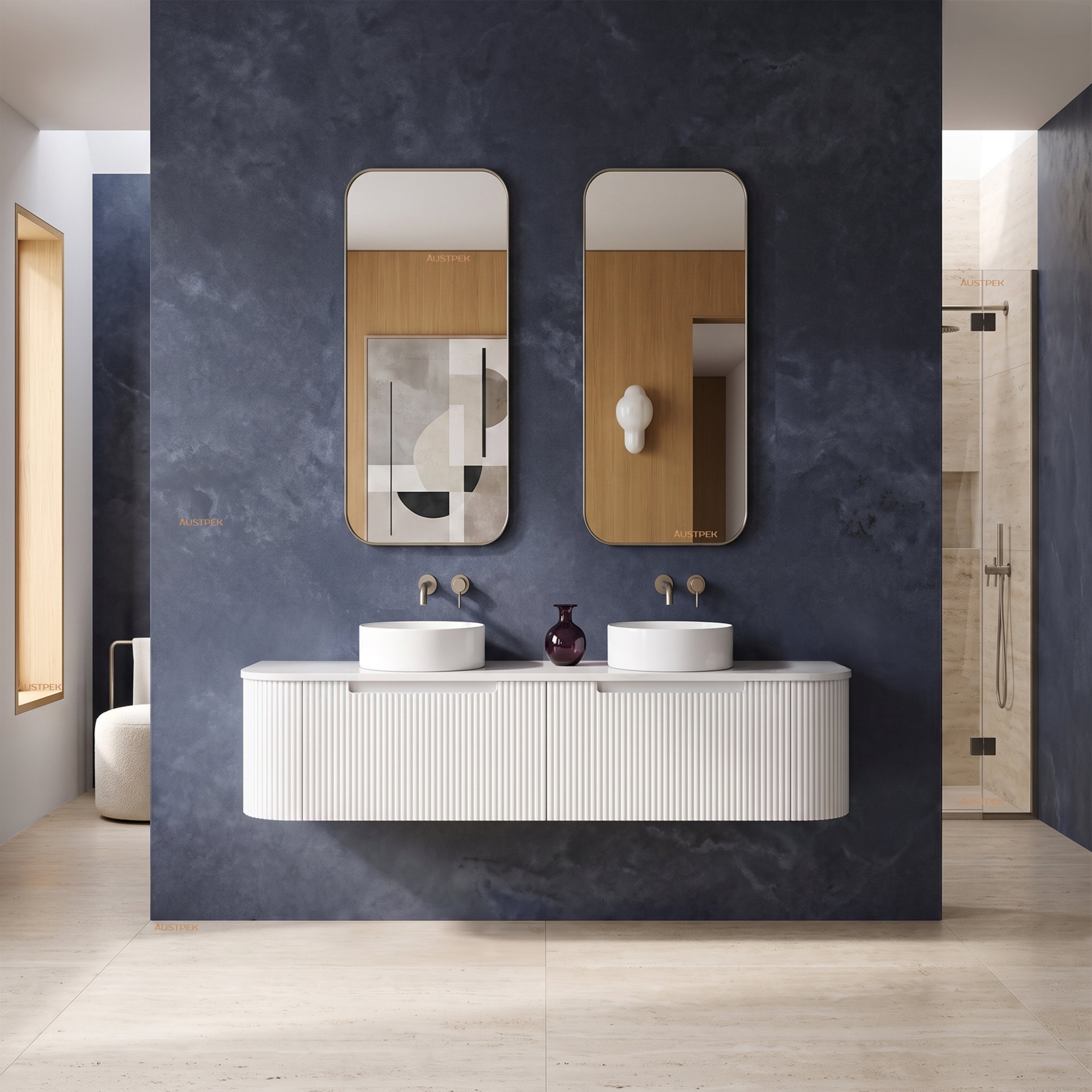 AULIC PETRA MARK II CURVED MATTE WHITE 1500MM DOUBLE BOWL WALL HUNG VANITY