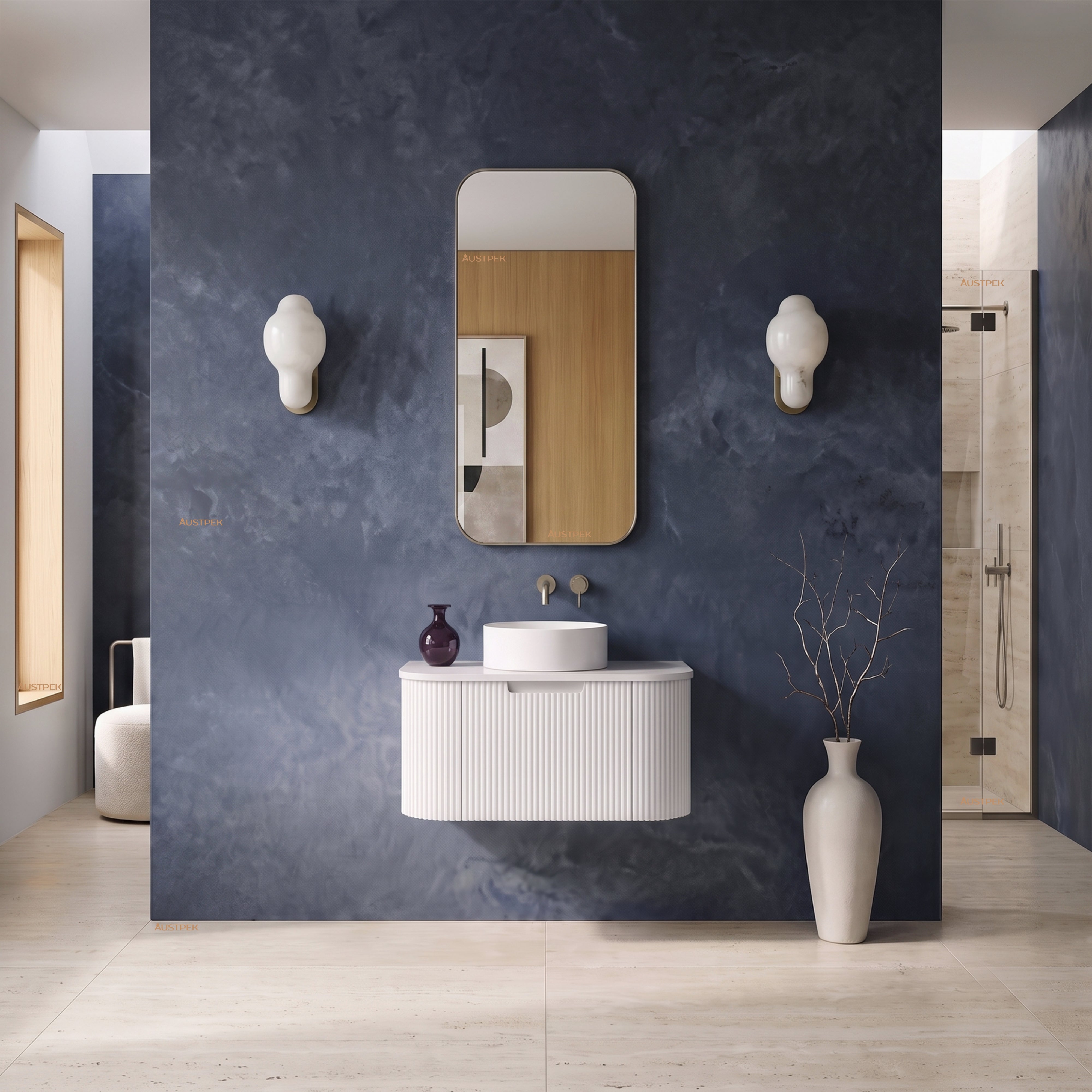 AULIC PETRA MARK II CURVED MATTE WHITE 750MM SINGLE BOWL WALL HUNG VANITY