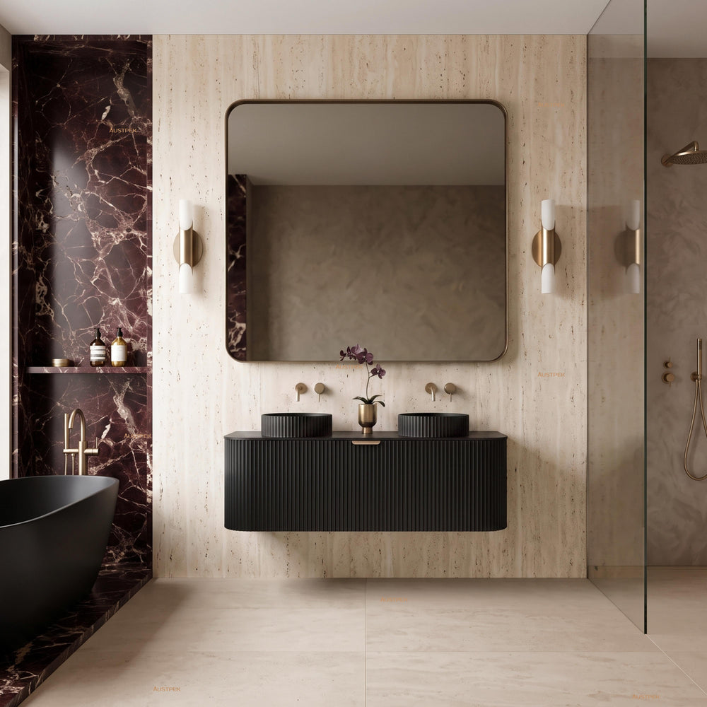 VITO AVANTTI MATTE BLACK 1200MM FLUTED CURVED DOUBLE BOWL WALL HUNG VANITY
