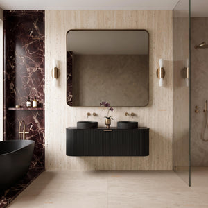 VITO AVANTTI MATTE BLACK 1200MM FLUTED CURVED DOUBLE BOWL WALL HUNG VANITY