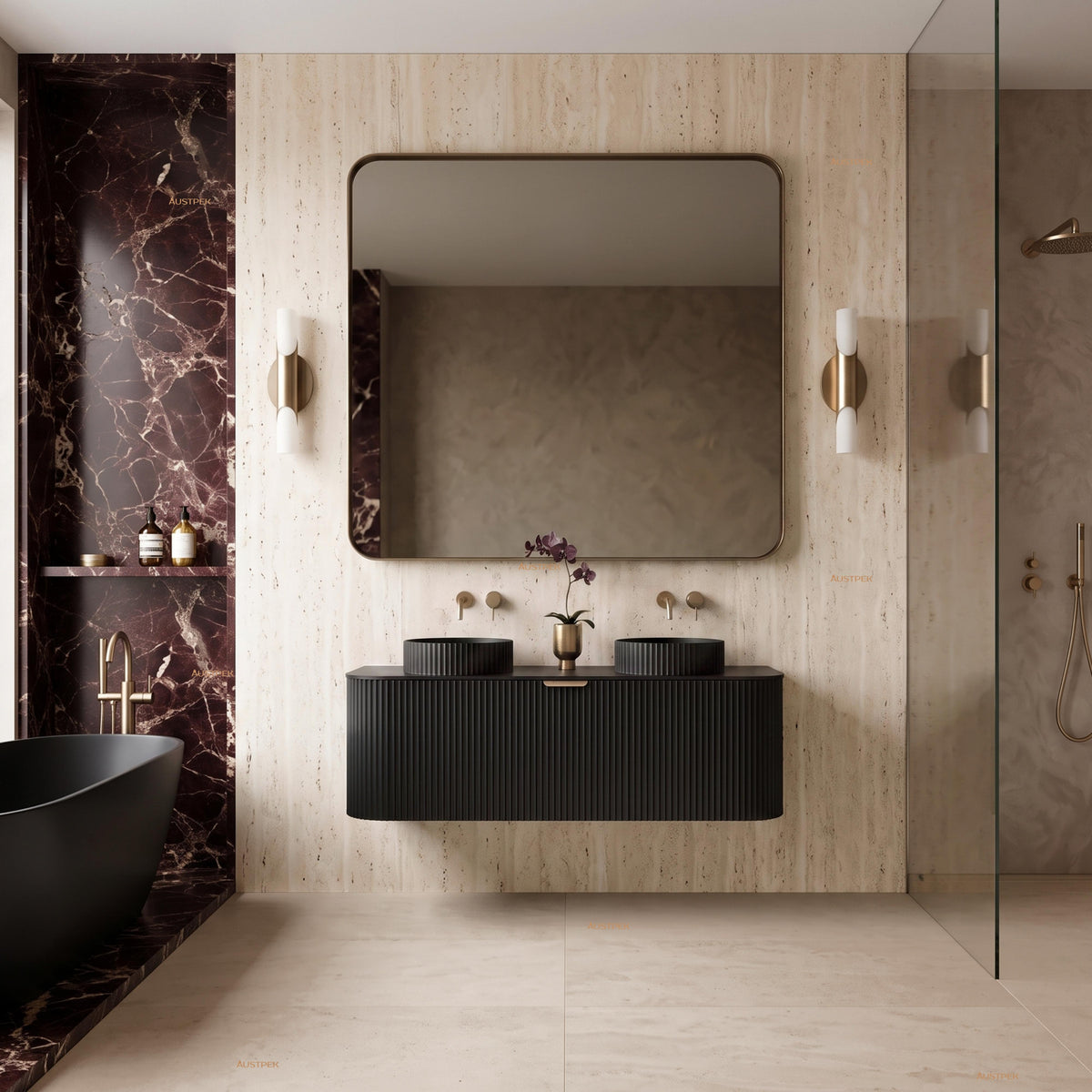 VITO AVANTTI MATTE BLACK 1200MM FLUTED CURVED DOUBLE BOWL WALL HUNG VANITY