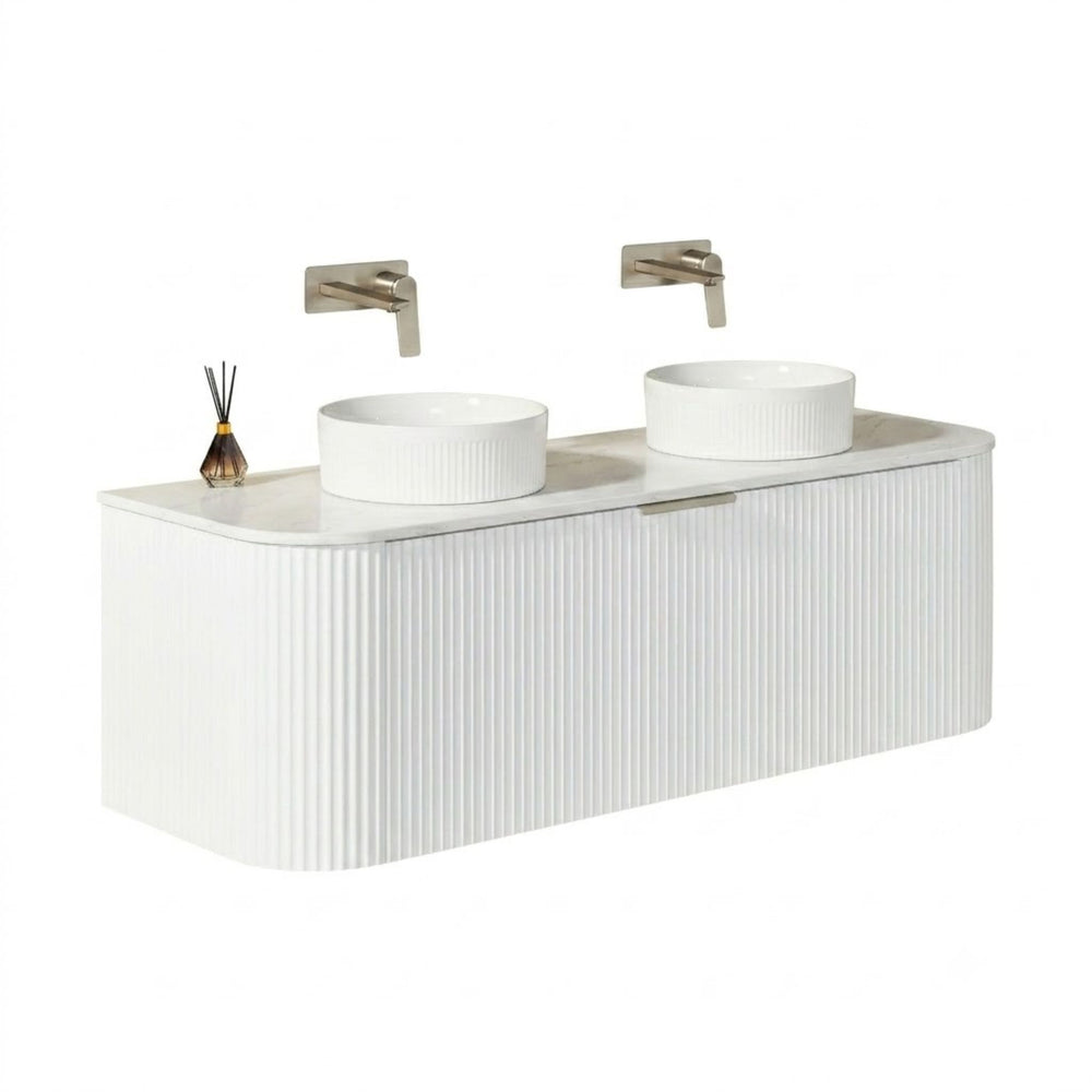 VITO AVANTTI MATTE WHITE 1200MM FLUTED CURVED DOUBLE BOWL WALL HUNG VANITY