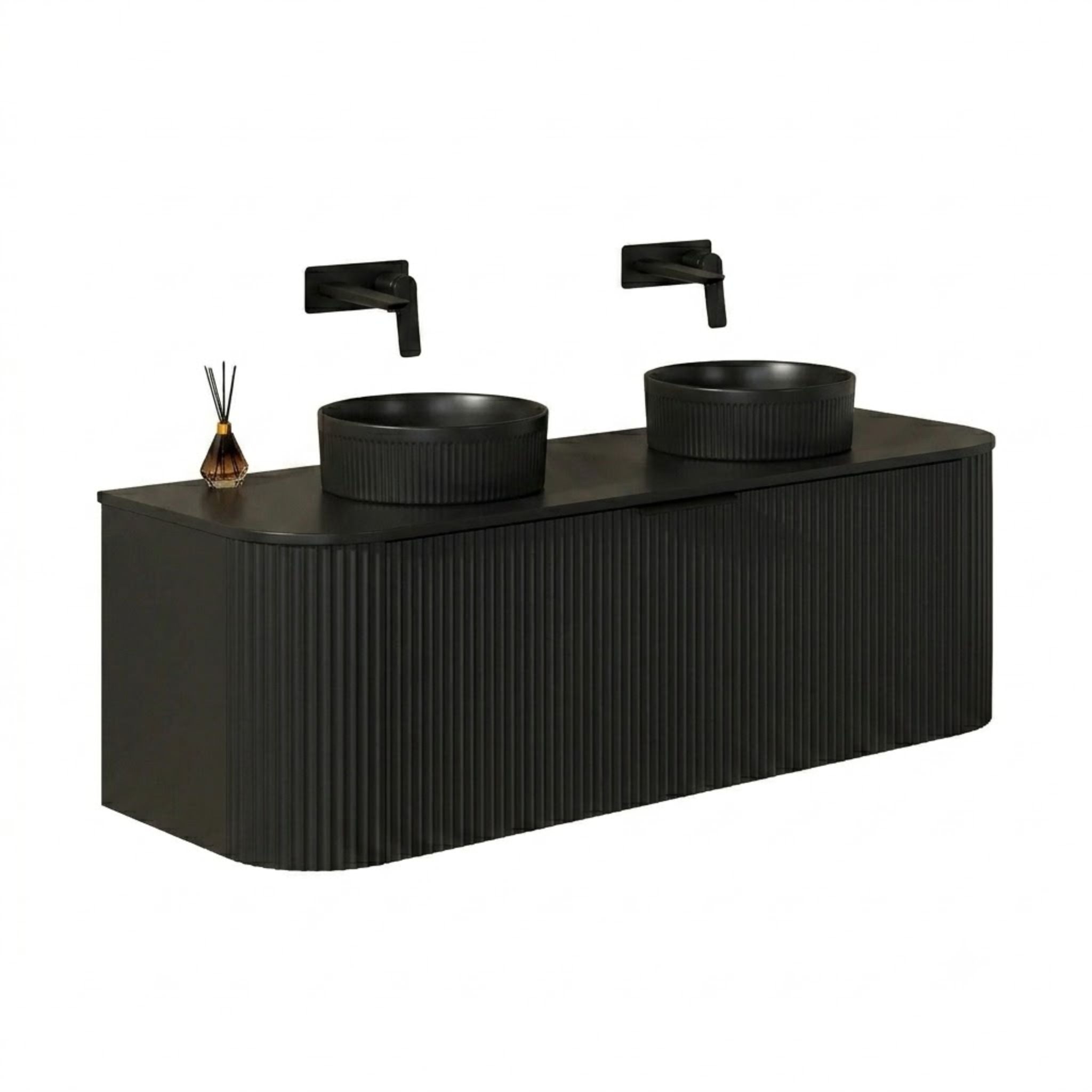 VITO AVANTTI MATTE BLACK 1200MM FLUTED CURVED DOUBLE BOWL WALL HUNG VANITY