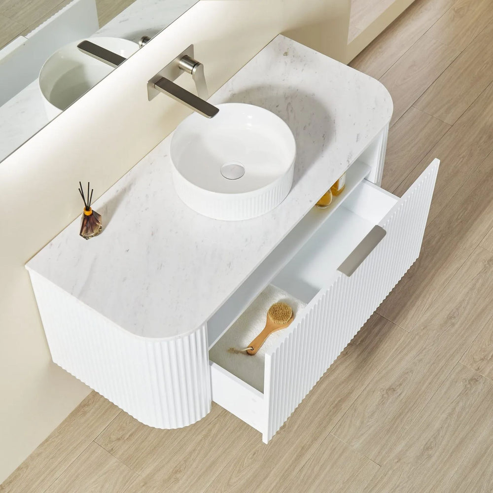VITO AVANTTI MATTE WHITE 1200MM FLUTED CURVED SINGLE BOWL WALL HUNG VANITY