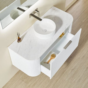 VITO AVANTTI MATTE WHITE 1500MM FLUTED CURVED SINGLE BOWL WALL HUNG VANITY