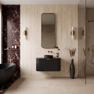 VITO AVANTTI MATTE BLACK 750MM FLUTED CURVED SINGLE BOWL WALL HUNG VANITY