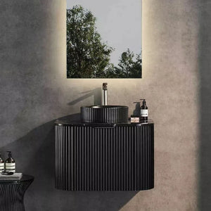 VITO AVANTTI MATTE BLACK 600MM FLUTED CURVED SINGLE BOWL WALL HUNG VANITY