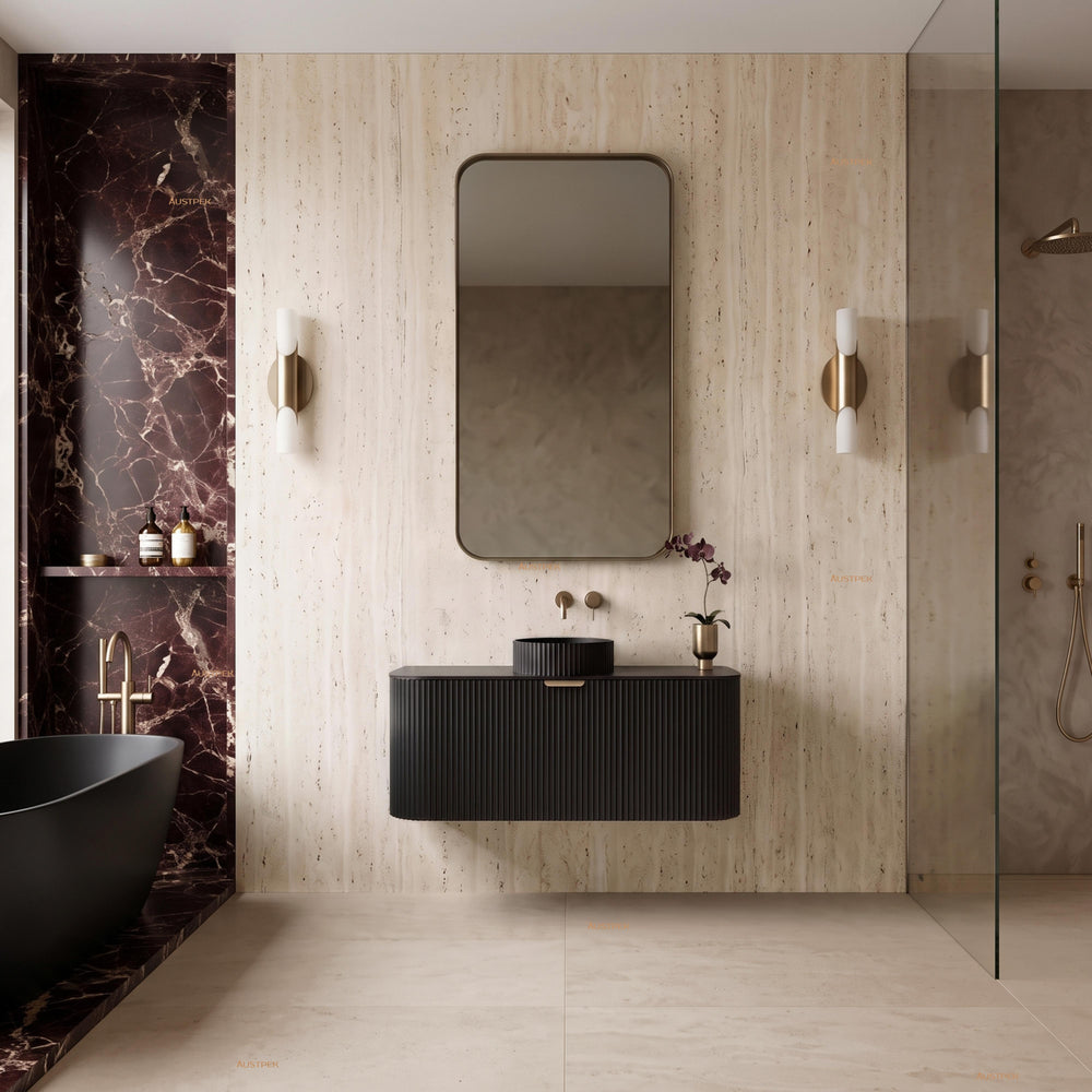 VITO AVANTTI MATTE BLACK 900MM FLUTED CURVED SINGLE BOWL WALL HUNG VANITY