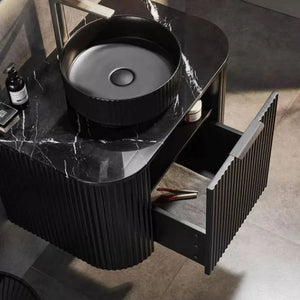 VITO AVANTTI MATTE BLACK 900MM FLUTED CURVED SINGLE BOWL WALL HUNG VANITY