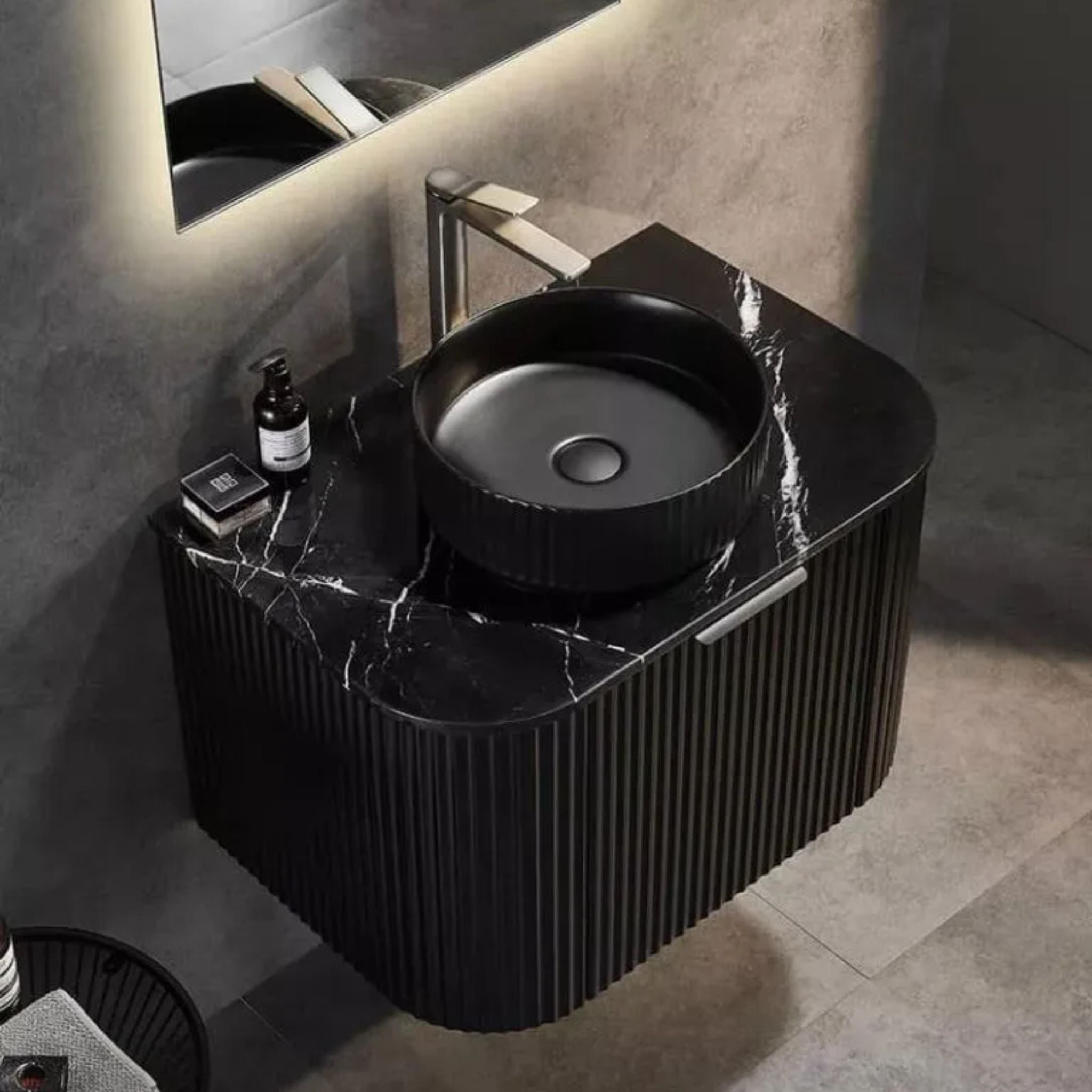 VITO AVANTTI MATTE BLACK 900MM FLUTED CURVED SINGLE BOWL WALL HUNG VANITY