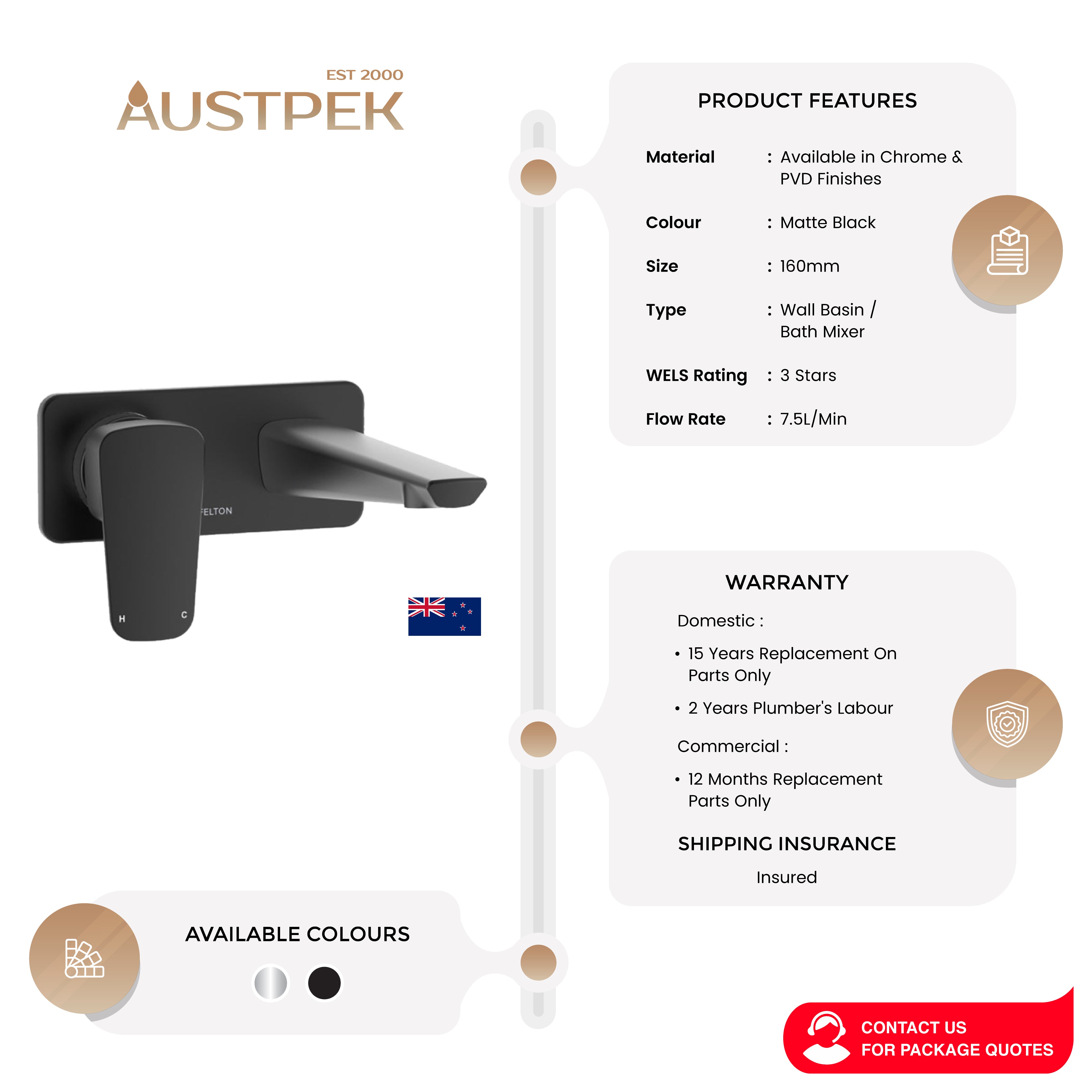 FELTON AXISS WALL MOUNTED BASIN / BATH MIXER 160MM MATTE BLACK