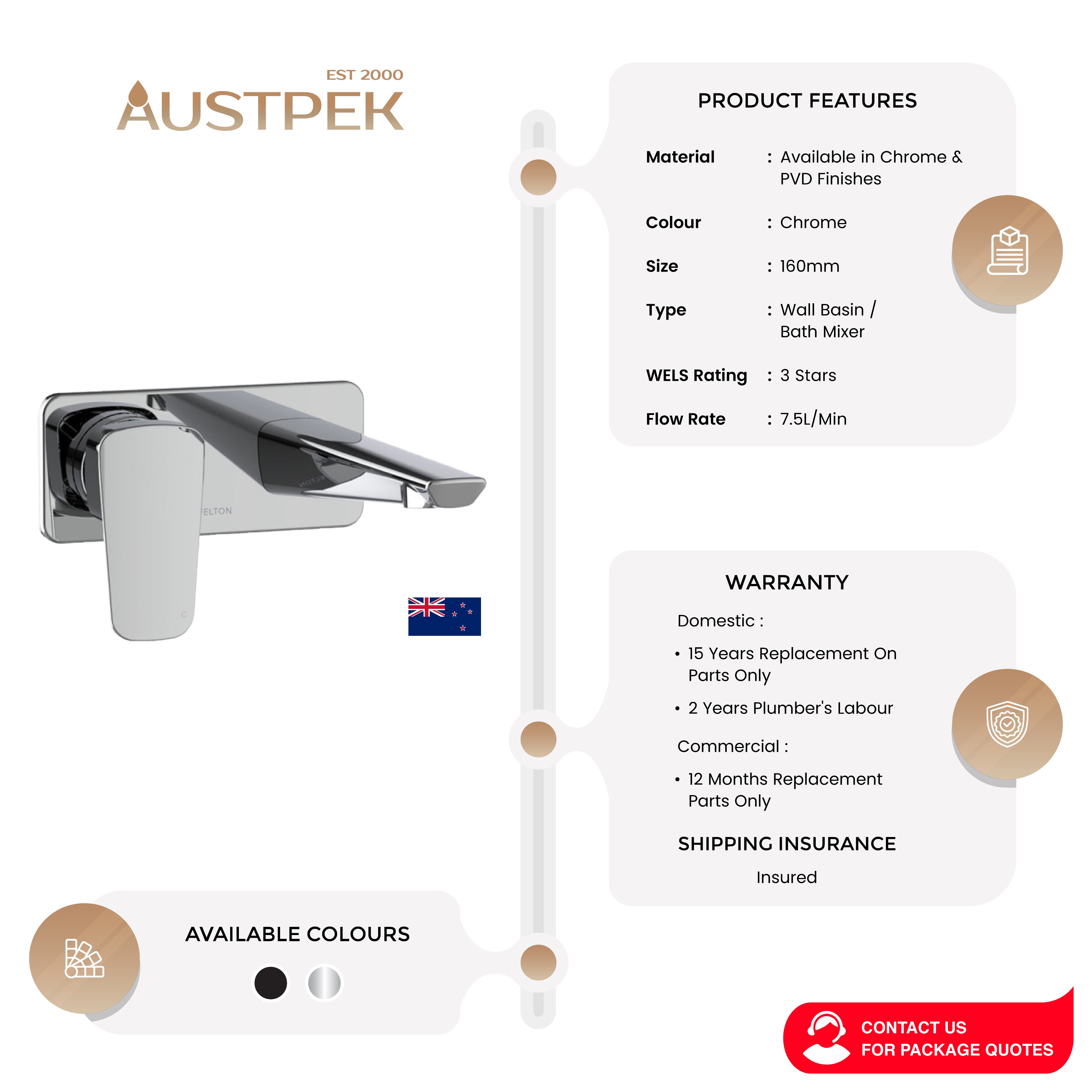 FELTON AXISS WALL MOUNTED BASIN / BATH MIXER 160MM CHROME