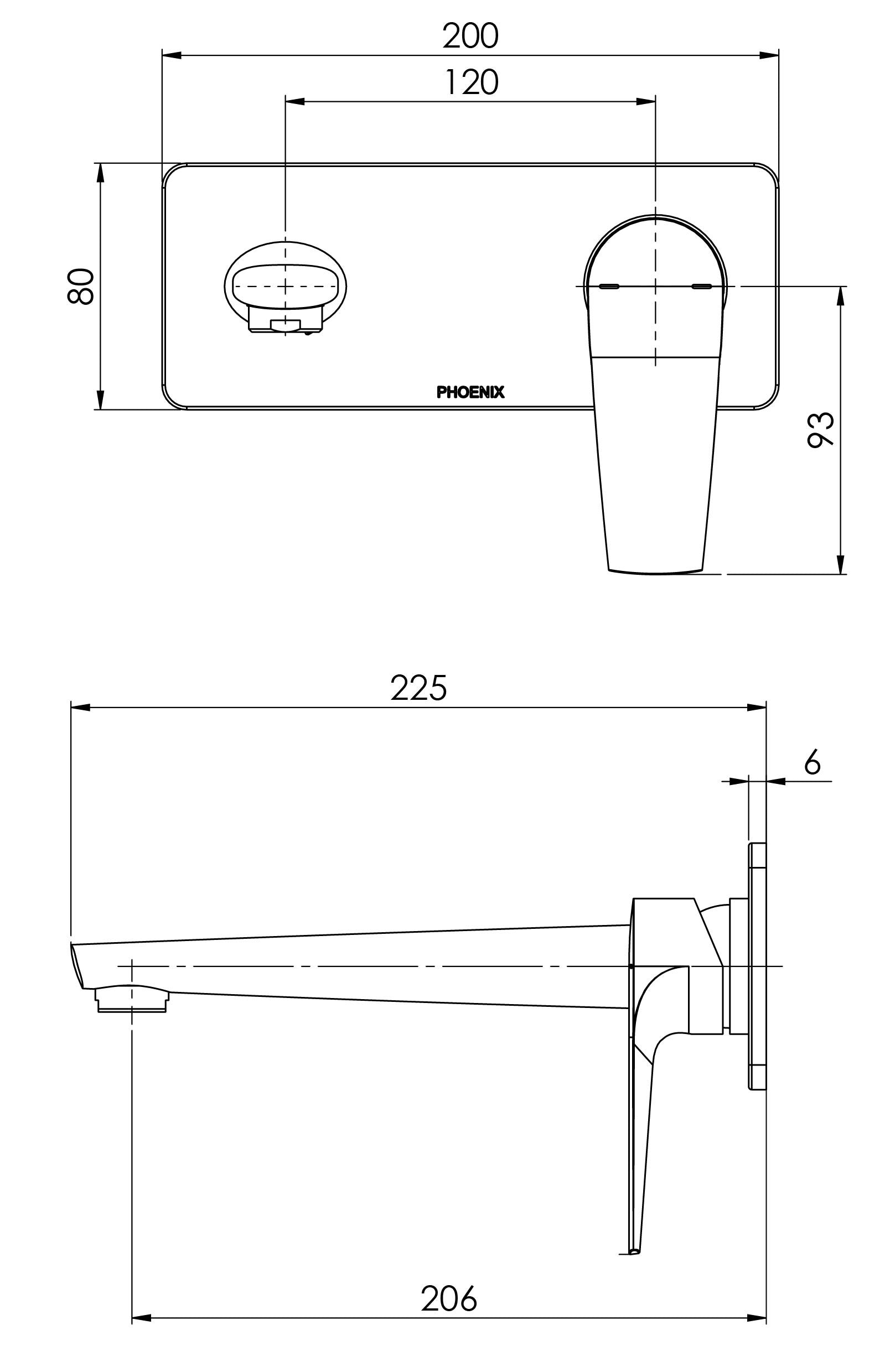 PHOENIX ARLO LEAD FREE WALL BASIN / BATH MIXER SET WITH TRIM KIT AND BODY 200MM MATTE BLACK