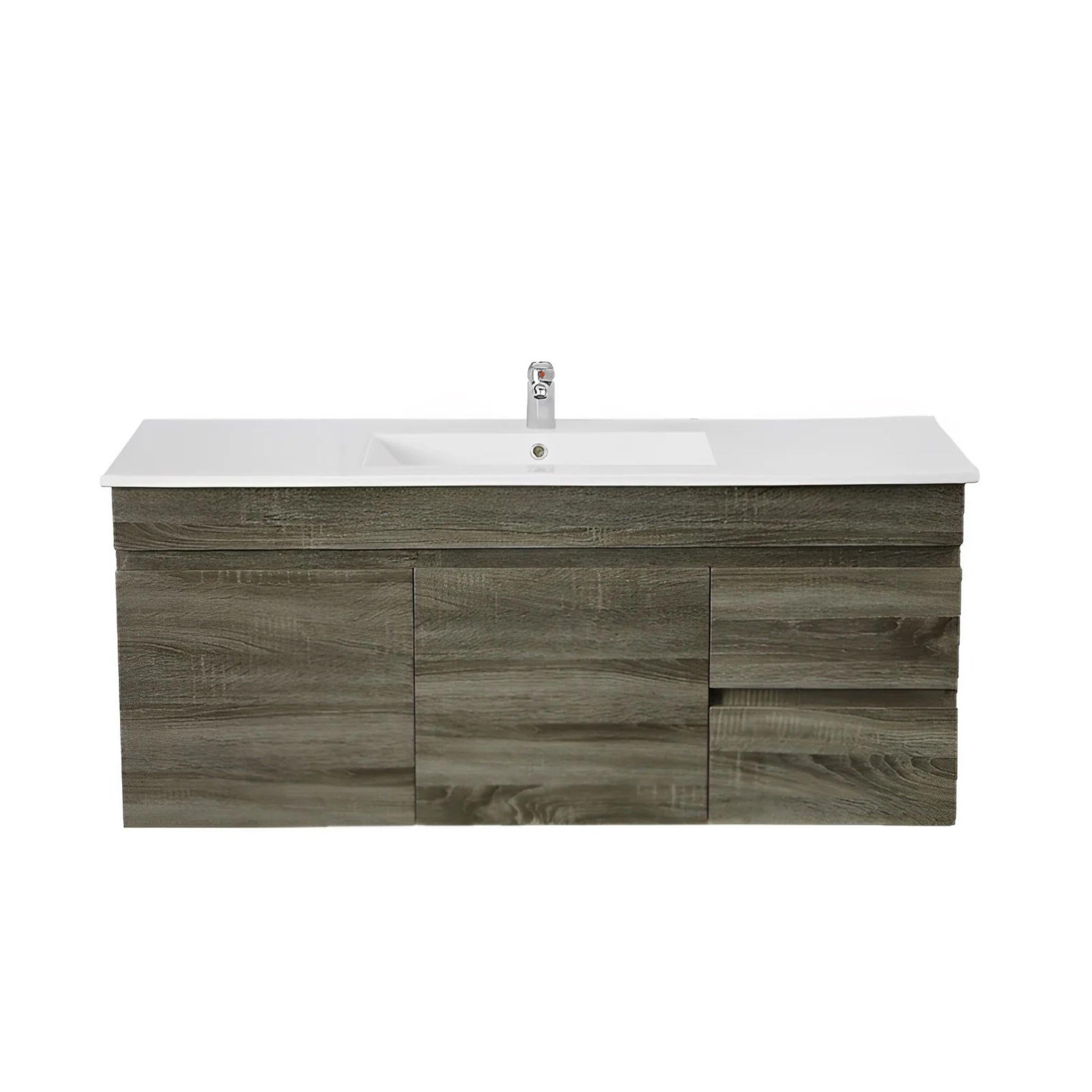 POSEIDON BERGE DARK GREY WOOD GRAIN 1200MM WALL HUNG VANITY (AVAILABLE IN LEFT HAND DRAWER AND RIGHT HAND DRAWER)