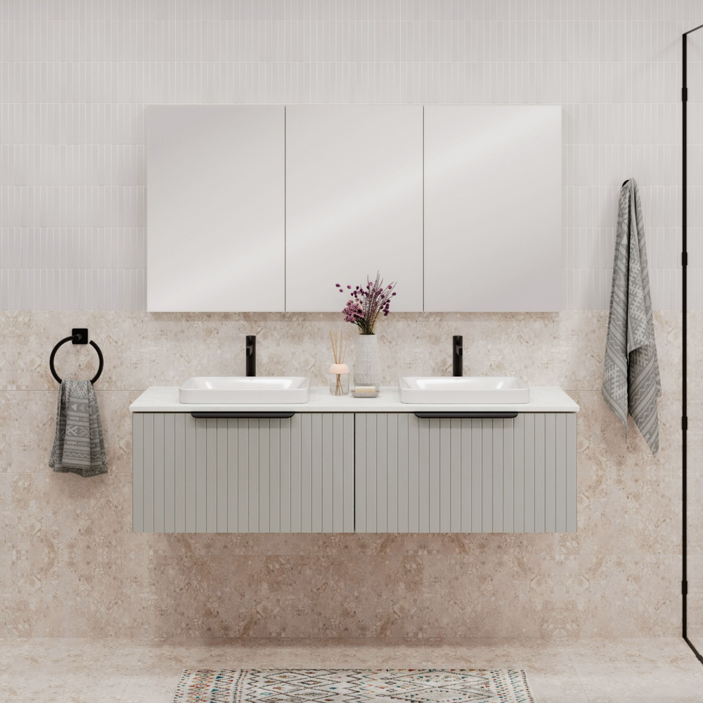 FIENZA BAYVIEW STONE GREY MATTE 1500MM DOUBLE BOWL WALL HUNG VANITY