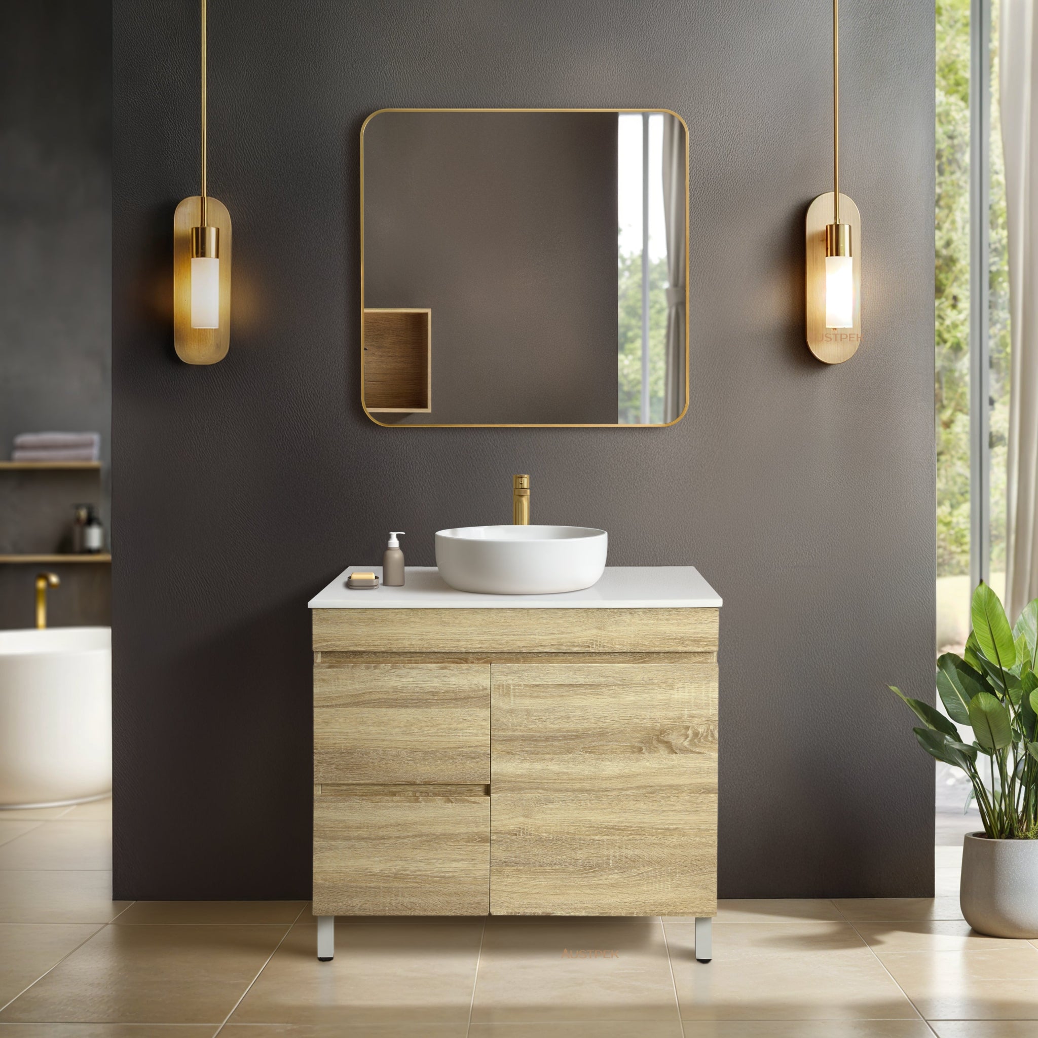POSEIDON BERGE WHITE OAK 900MM FLOOR STANDING VANITY (AVAILABLE IN LEFT HAND DRAWER AND RIGHT HAND DRAWER)