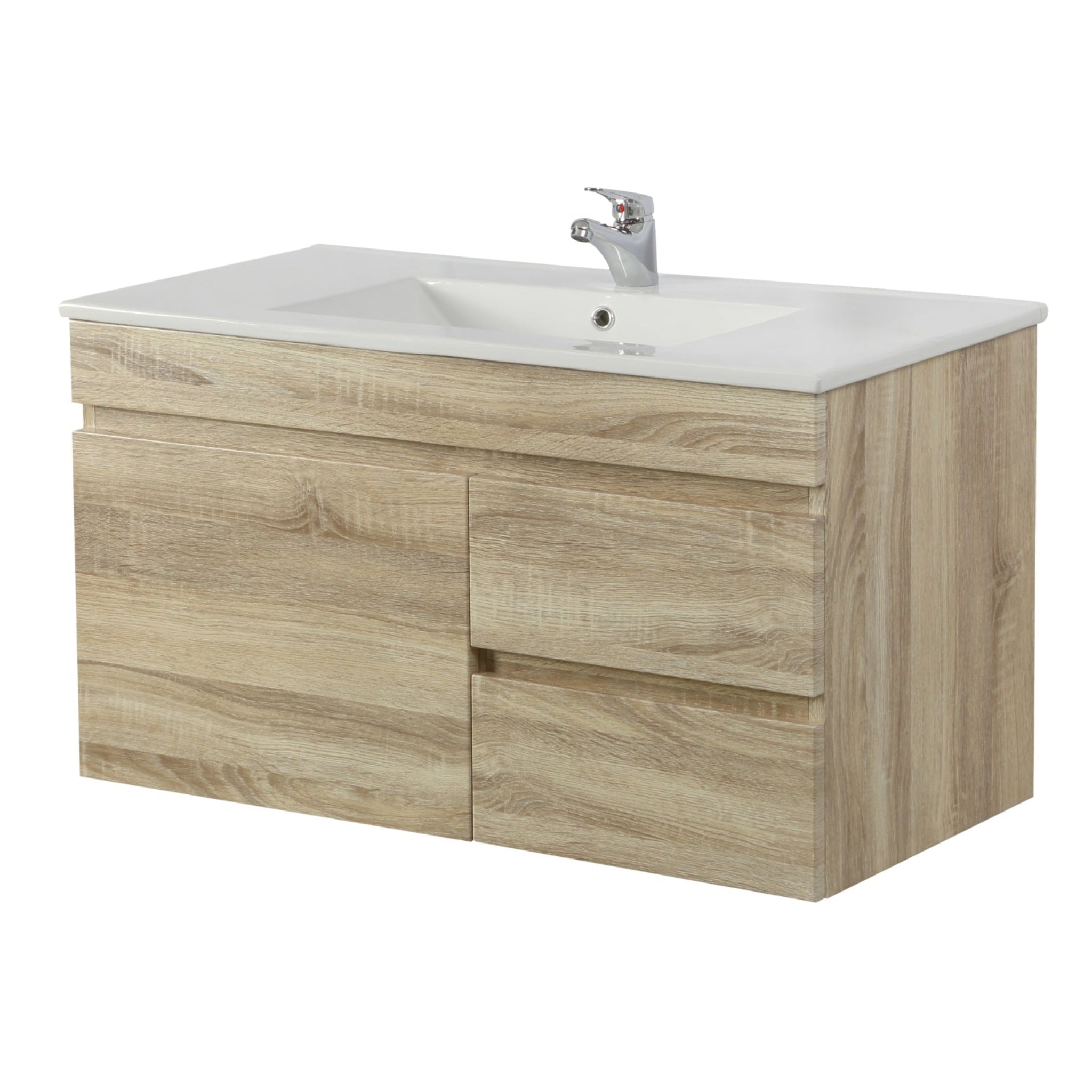 POSEIDON BERGE WHITE OAK 900MM WALL HUNG VANITY (AVAILABLE IN LEFT HAND DRAWER AND RIGHT HAND DRAWER)