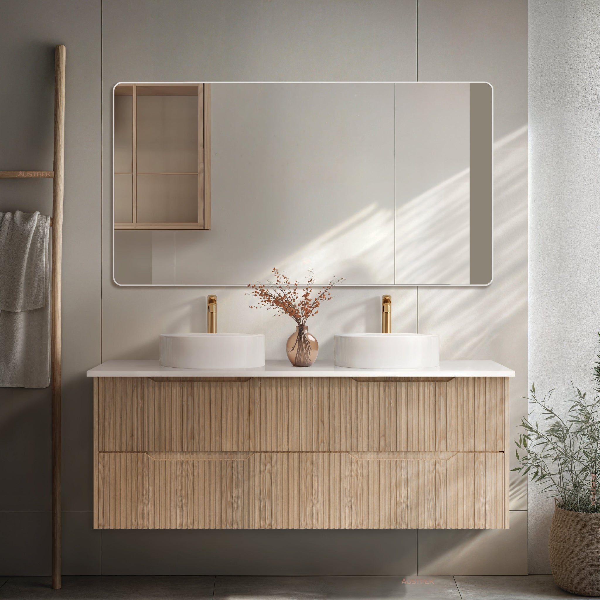 RIVA BALI AMERICAN OAK 1500MM DOUBLE BOWL WALL HUNG VANITY