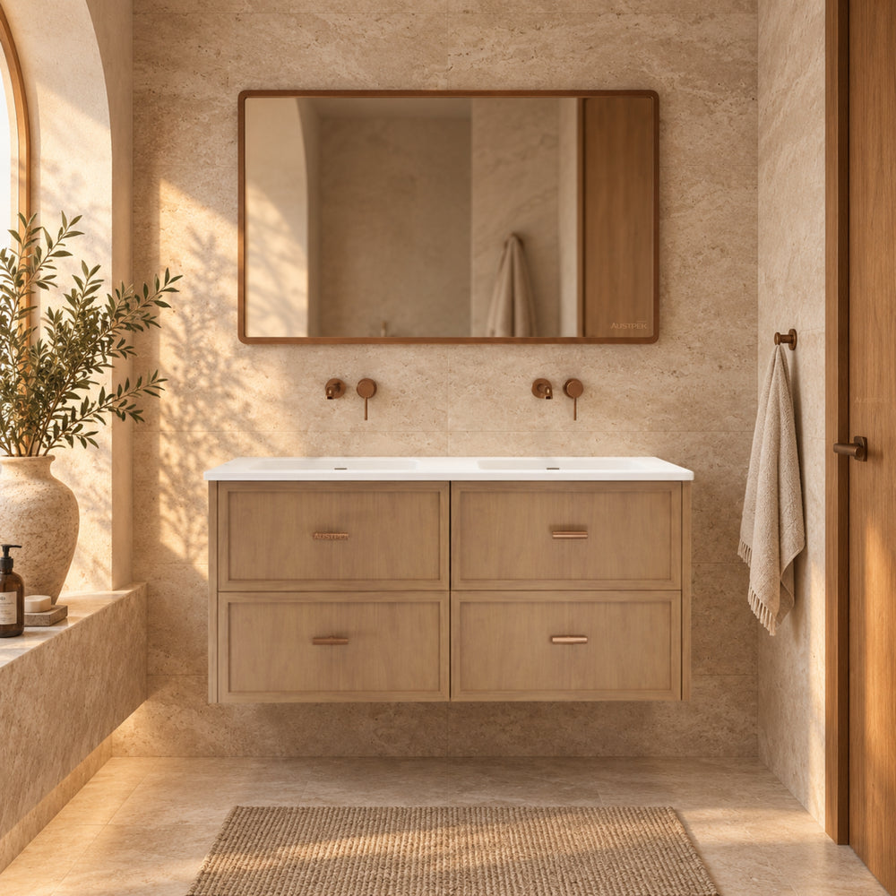RIVA BANFF COASTAL OAK 1200MM DOUBLE BOWL WALL HUNG VANITY