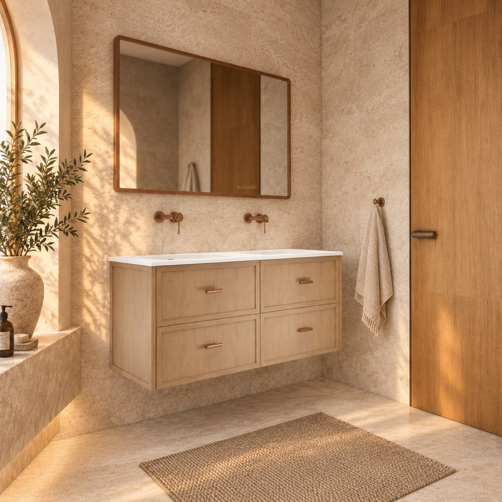 RIVA BANFF COASTAL OAK 1200MM DOUBLE BOWL WALL HUNG VANITY