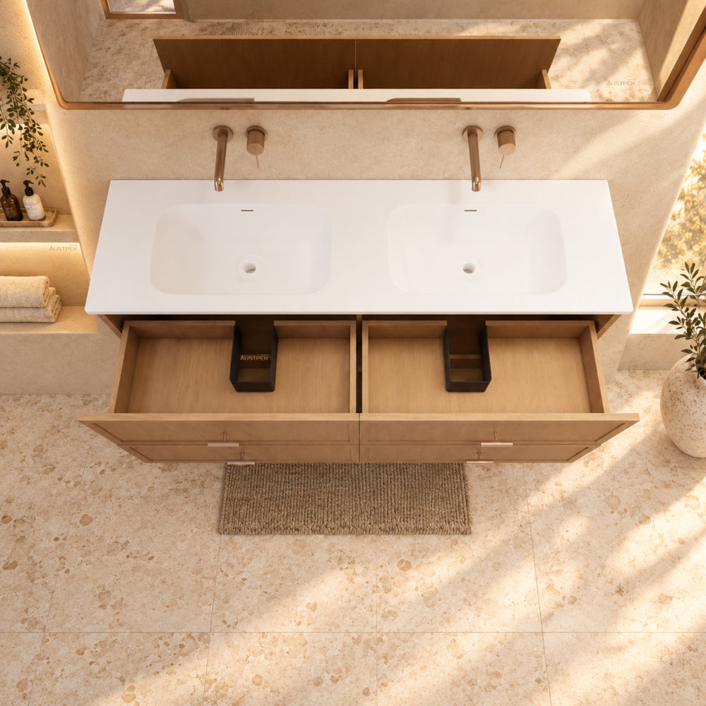 RIVA BANFF COASTAL OAK 1500MM DOUBLE BOWL WALL HUNG VANITY