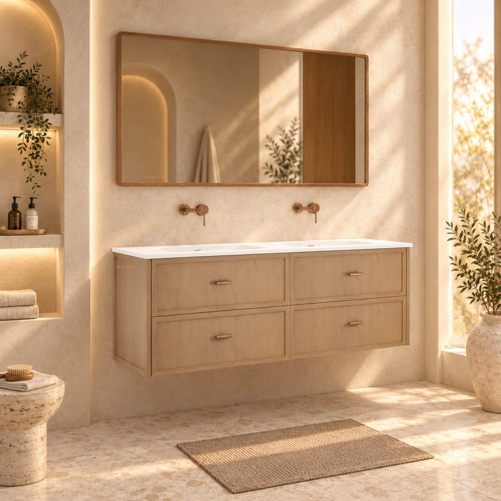 RIVA BANFF COASTAL OAK 1500MM DOUBLE BOWL WALL HUNG VANITY