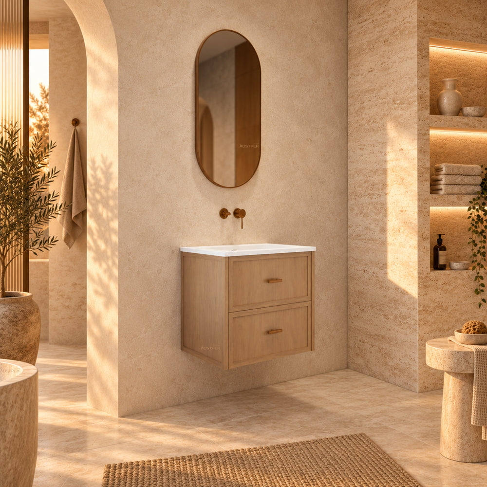 RIVA BANFF COASTAL OAK 600MM SINGLE BOWL WALL HUNG VANITY