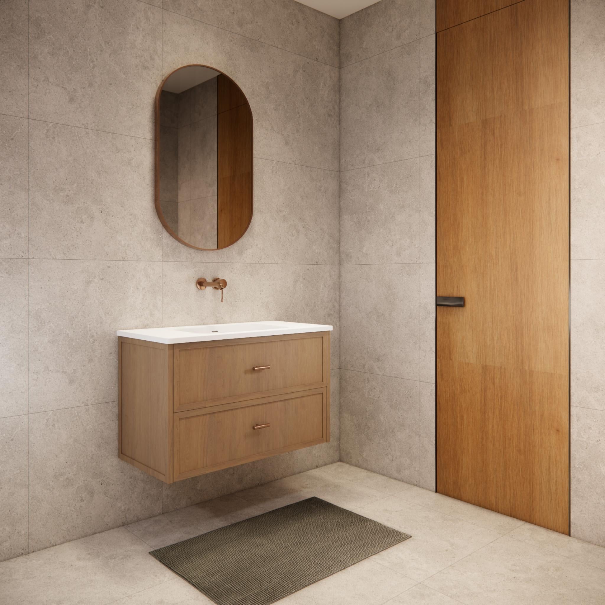 RIVA BANFF COASTAL OAK 900MM SINGLE BOWL WALL HUNG VANITY