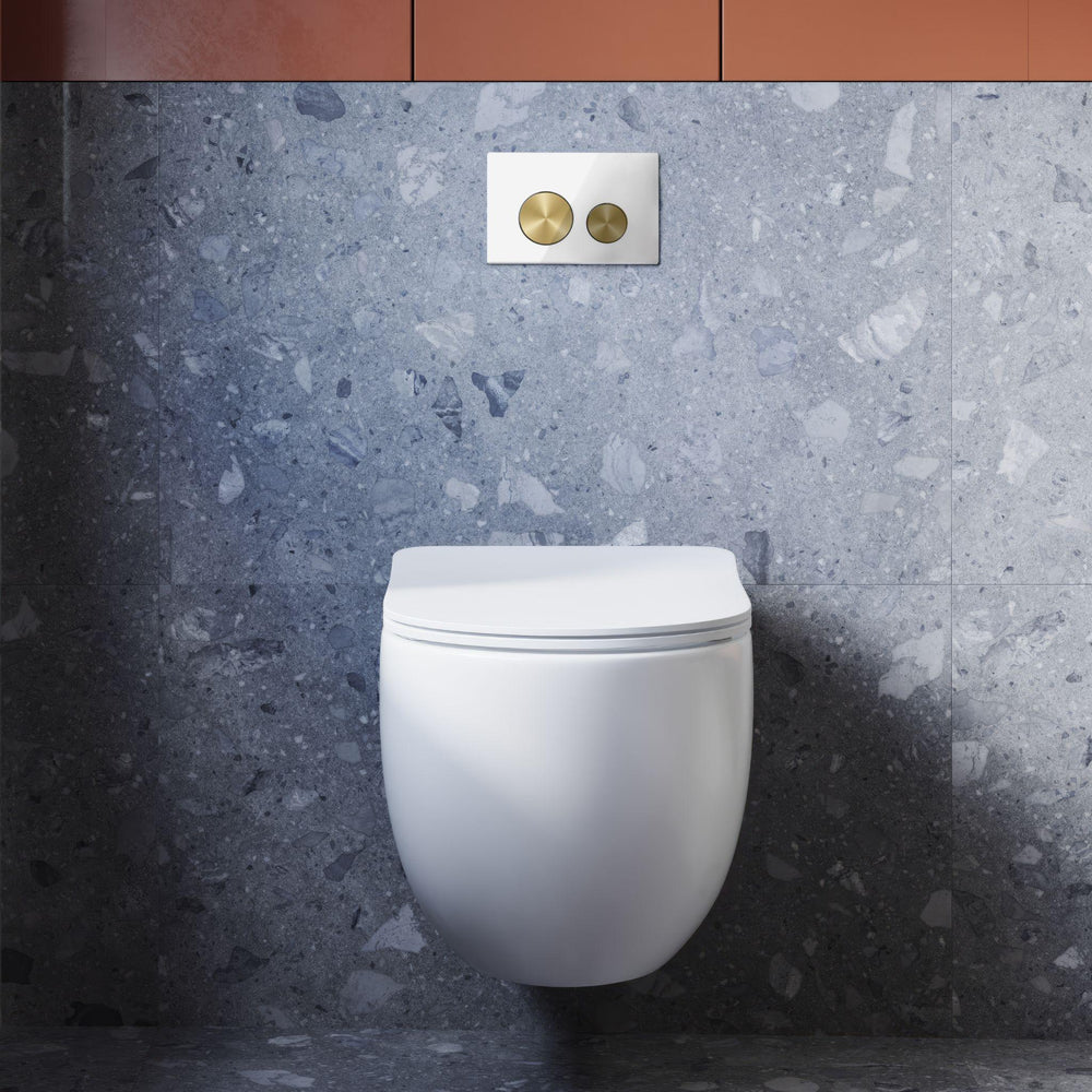 BELBAGNO GLASS IN WALL CIRCLE ALLOY BUTTON FLUSH PLATES 256MM WHITE AND GOLD ALUMINIUM