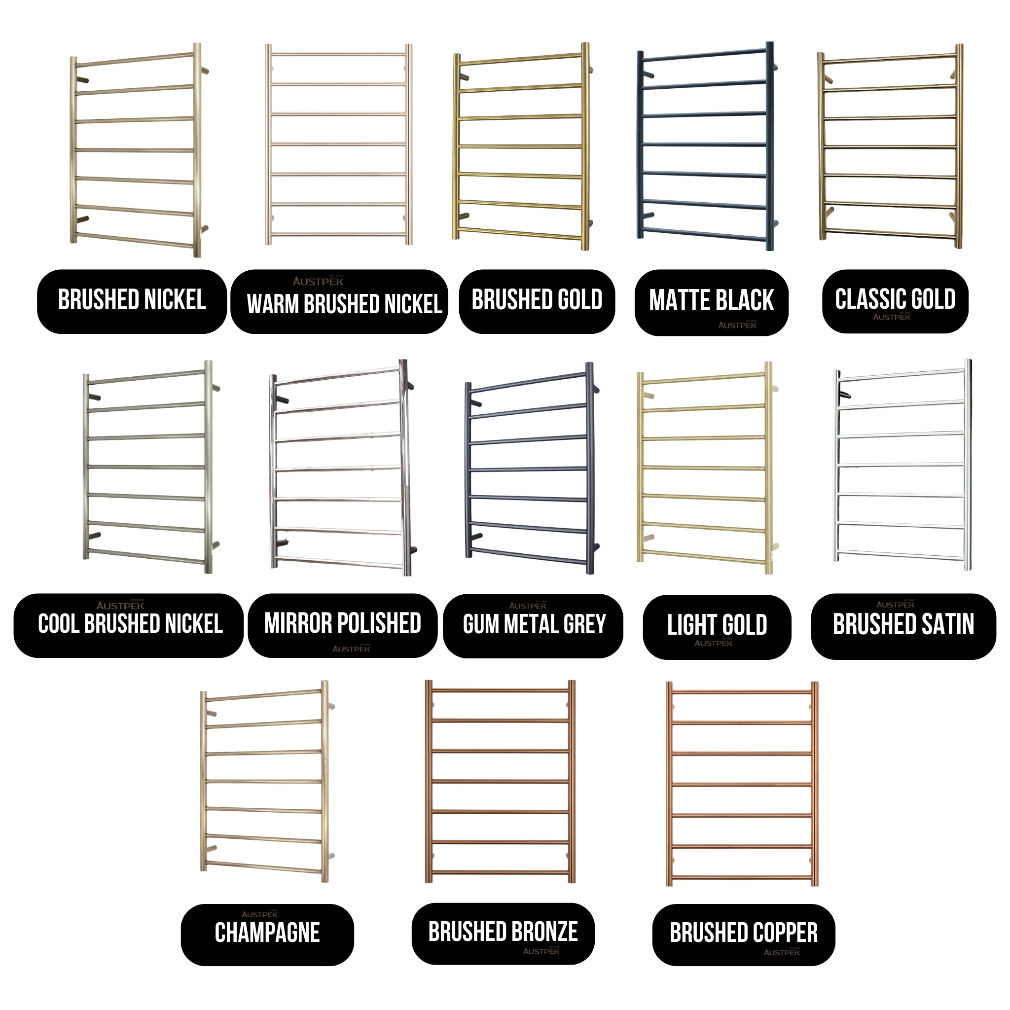 RADIANT HEATING 7-BARS ROUND HEATED TOWEL RAIL COOL BRUSHED NICKEL 600MM