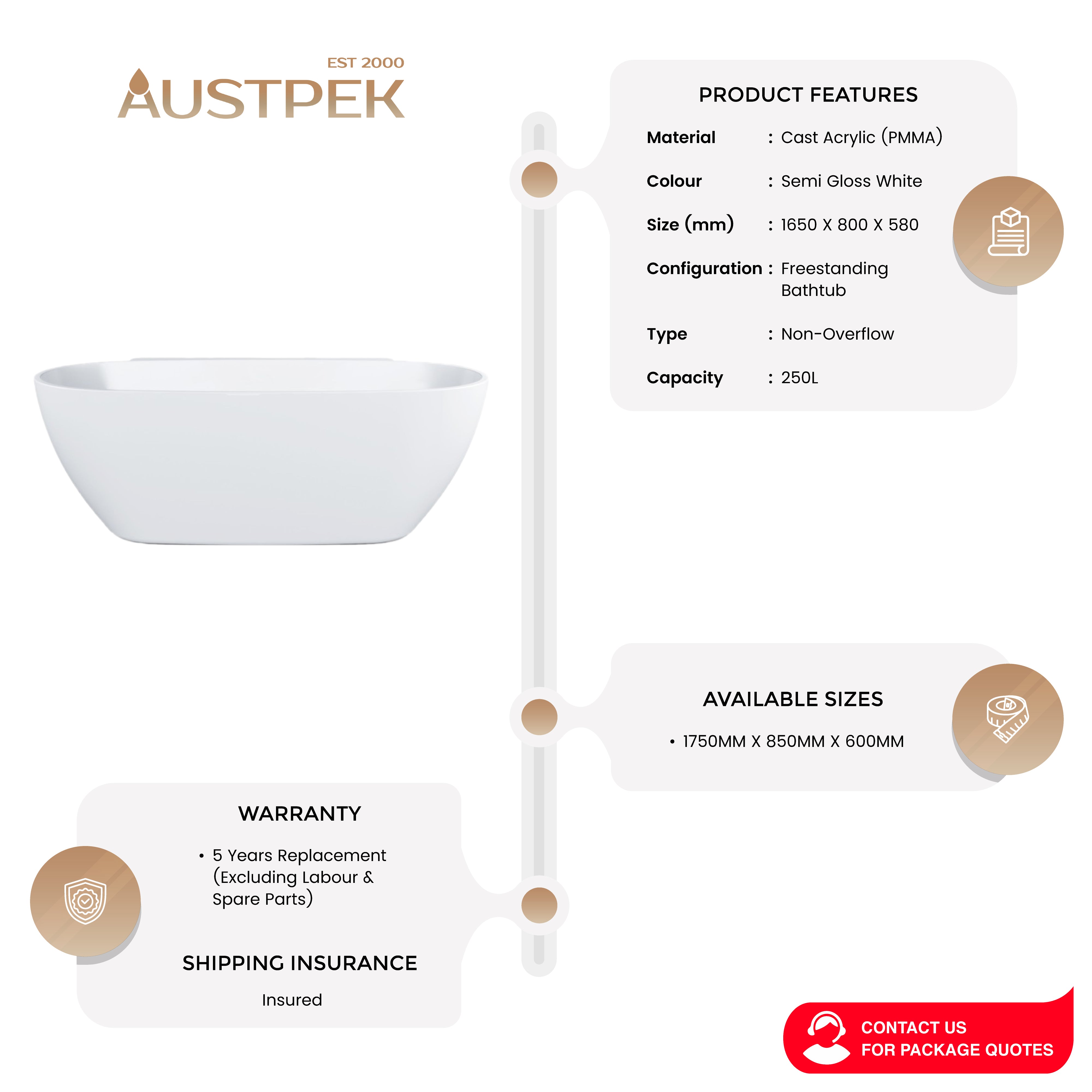 BEL BAGNO PALERMO FREESTANDING BATHTUB SEMI GLOSS WHITE (AVAILABLE IN 1650MM AND 1750MM)