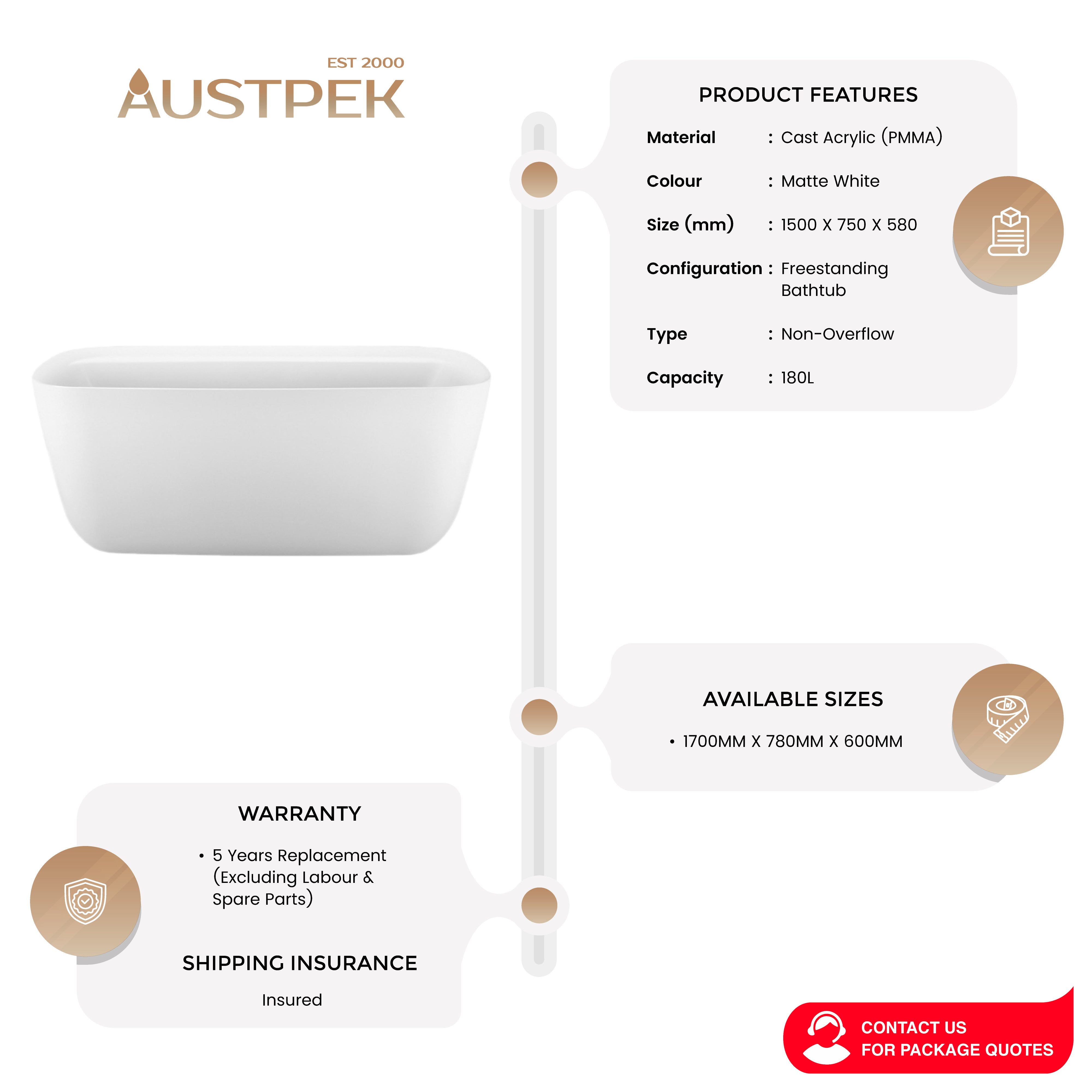 BEL BAGNO TERRICCIO FREESTANDING BATHTUB MATTE WHITE (AVAILABLE IN 1500MM AND 1700MM)