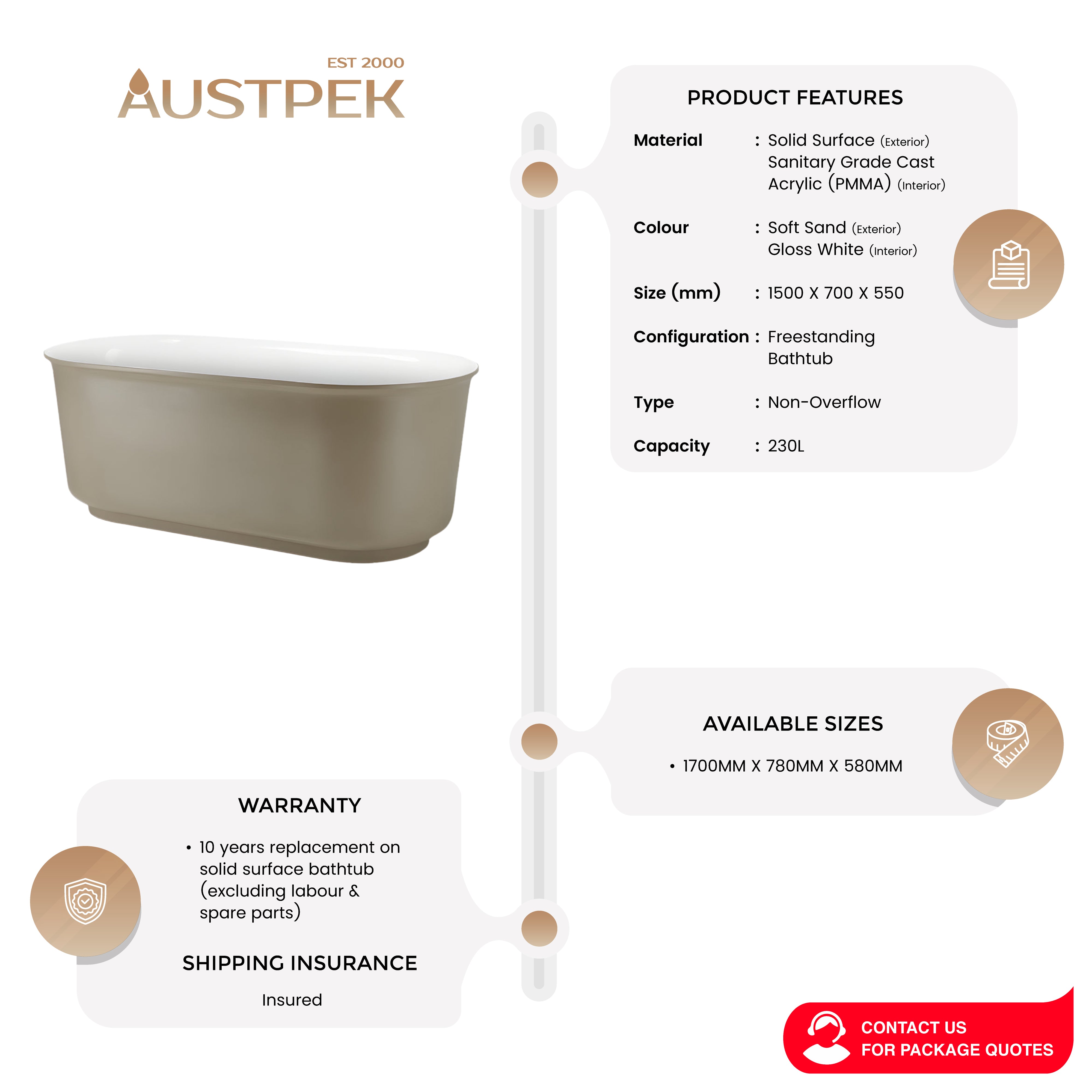 BEL BAGNO BERG FREESTANDING BATHTUB SOFT SAND AND GLOSS WHITE (AVAILABLE IN 1500MM AND 1700MM)