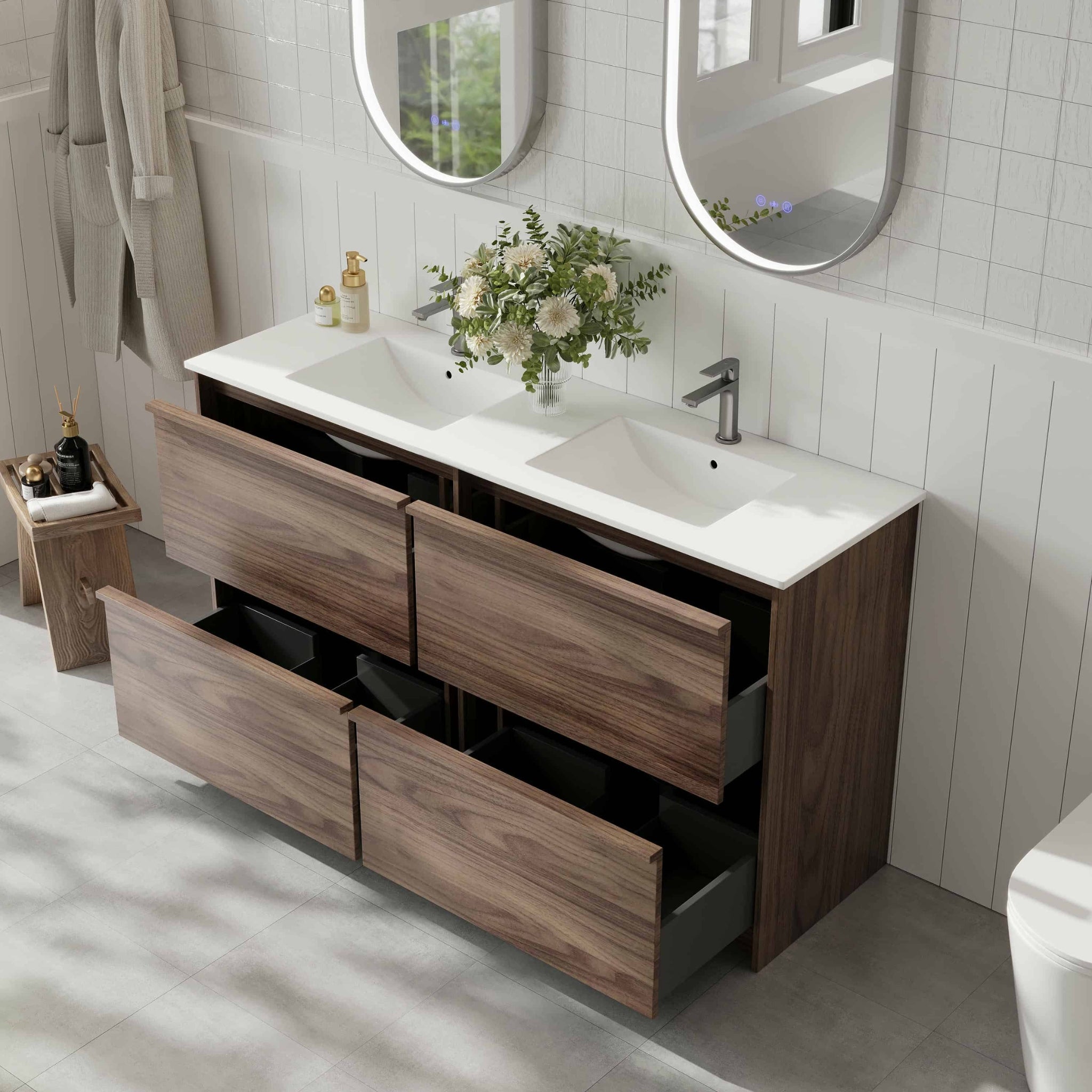 MERCIO BELLA NOTAIO WALNUT 1500MM DOUBLE BOWL FLOOR STANDING VANITY