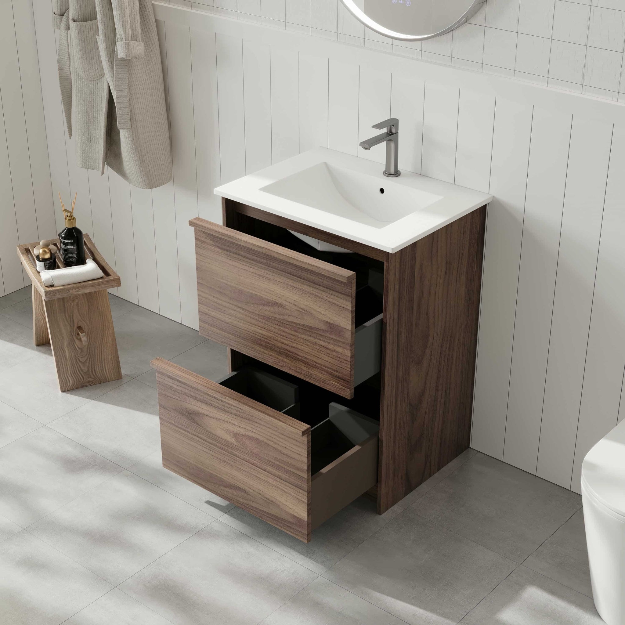 MERCIO BELLA NOTAIO WALNUT 600MM SINGLE BOWL FLOOR STANDING VANITY