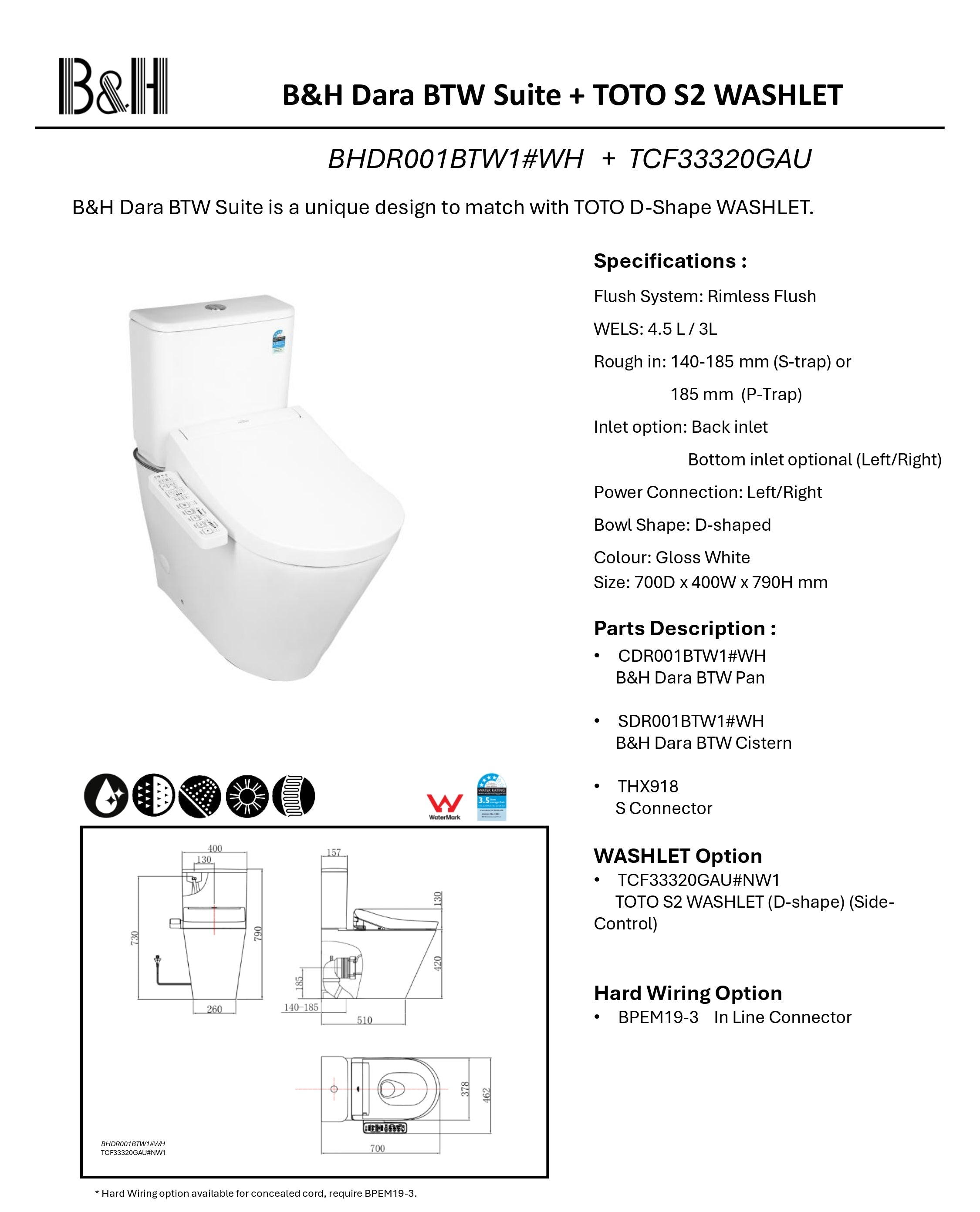 TOTO S2 WASHLET W/ SIDE CONTROL AND B&H DARA BTW TOILET SUITE PACKAGE D-SHAPE GLOSS WHITE