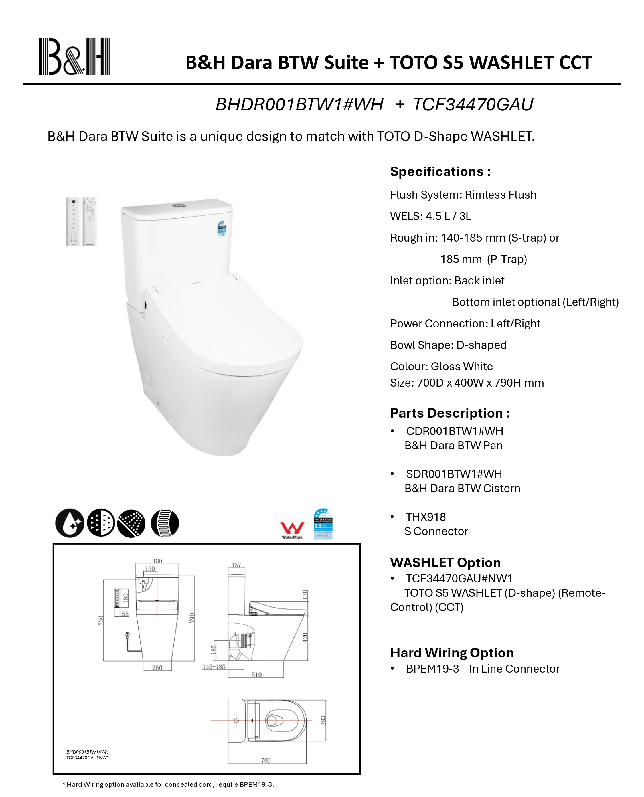 TOTO S5 WASHLET W/ SIDE CONTROL AND B&H DARA BTW TOILET SUITE PACKAGE D-SHAPE GLOSS WHITE