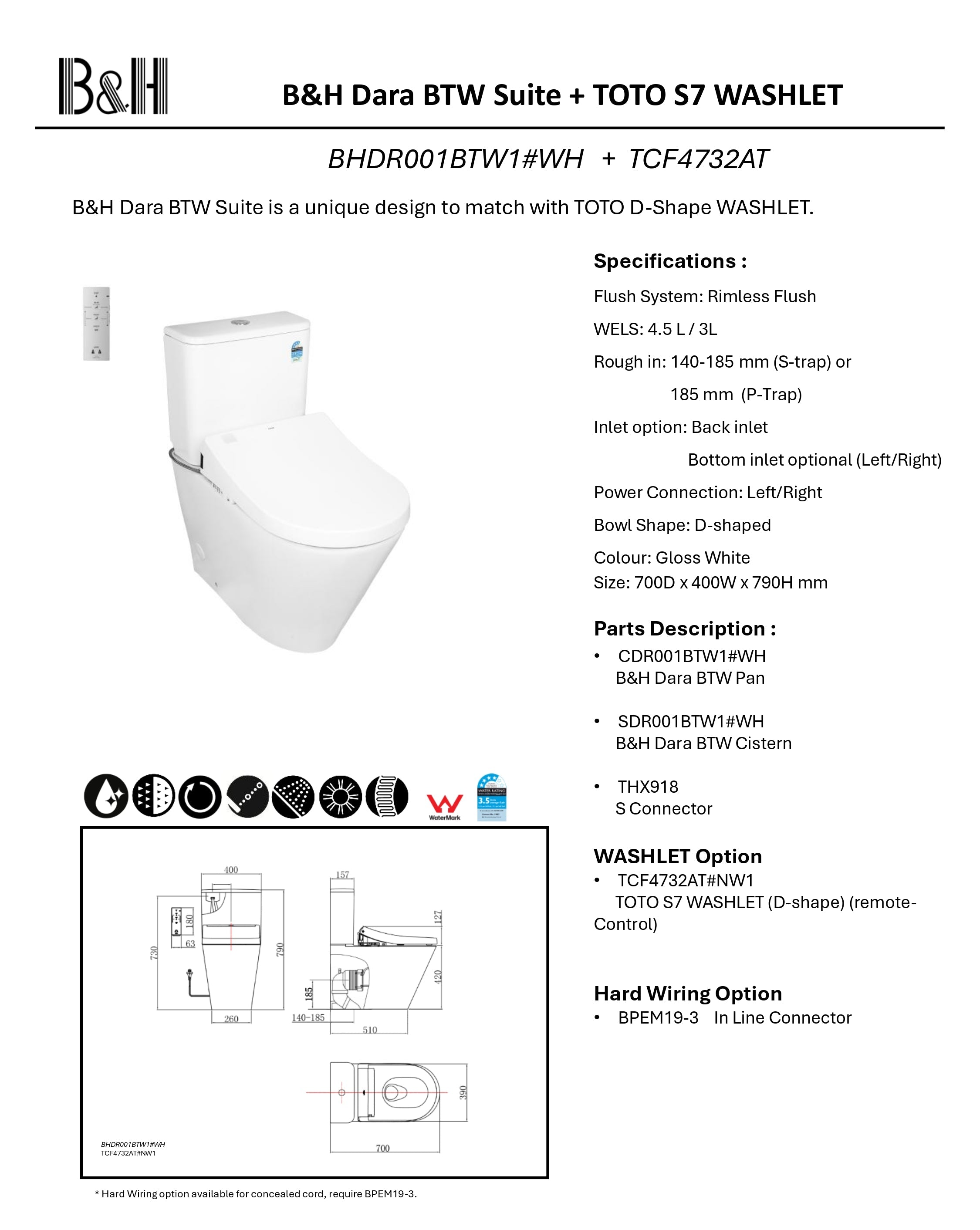 TOTO S7 WASHLET W/ SIDE CONTROL AND B&H DARA BTW TOILET SUITE PACKAGE D-SHAPE GLOSS WHITE