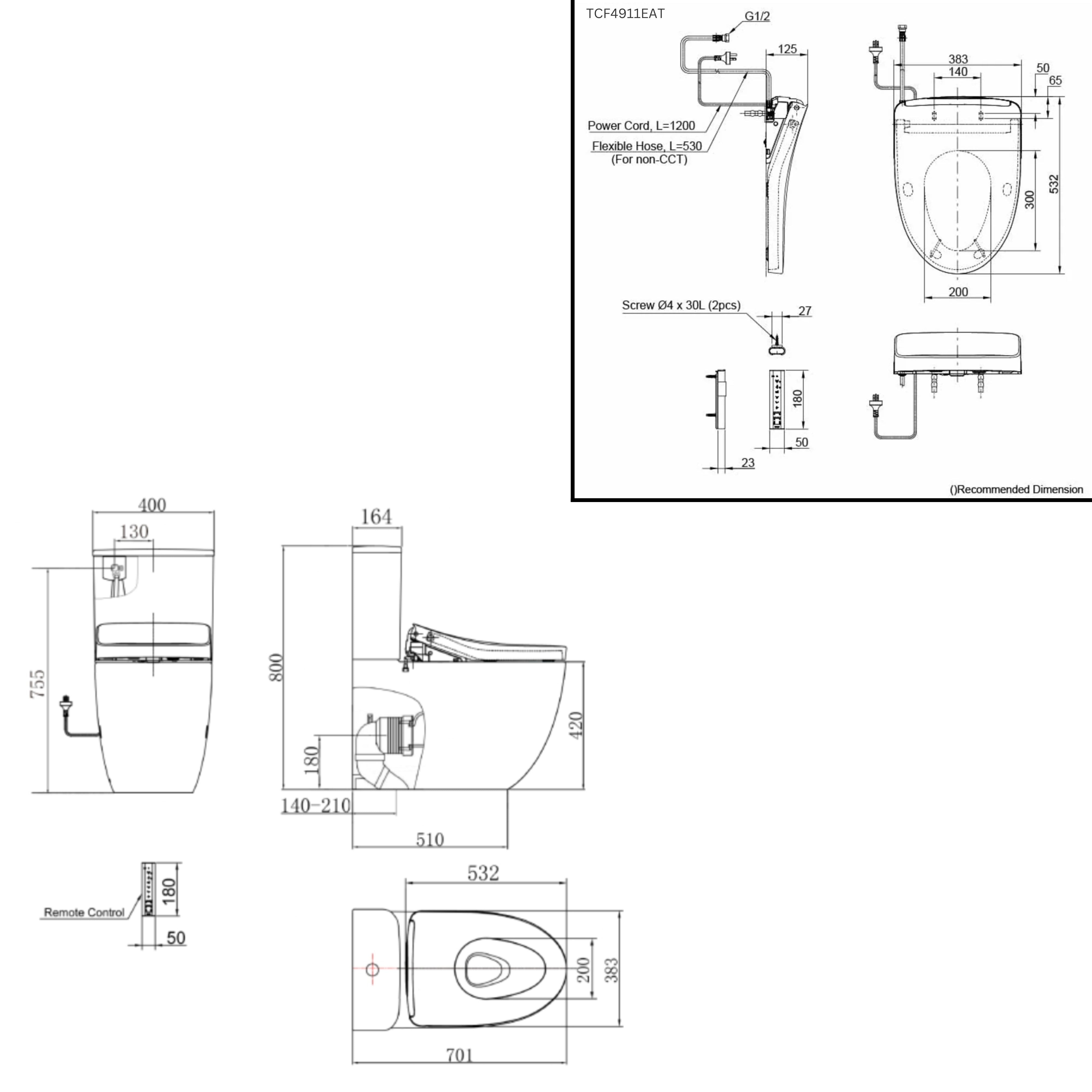 TOTO S7 WASHLET W/ REMOTE CONTROL AND AUTOLID BTW TOILET SUITE PACKAGE ELONGATED GLOSS WHITE