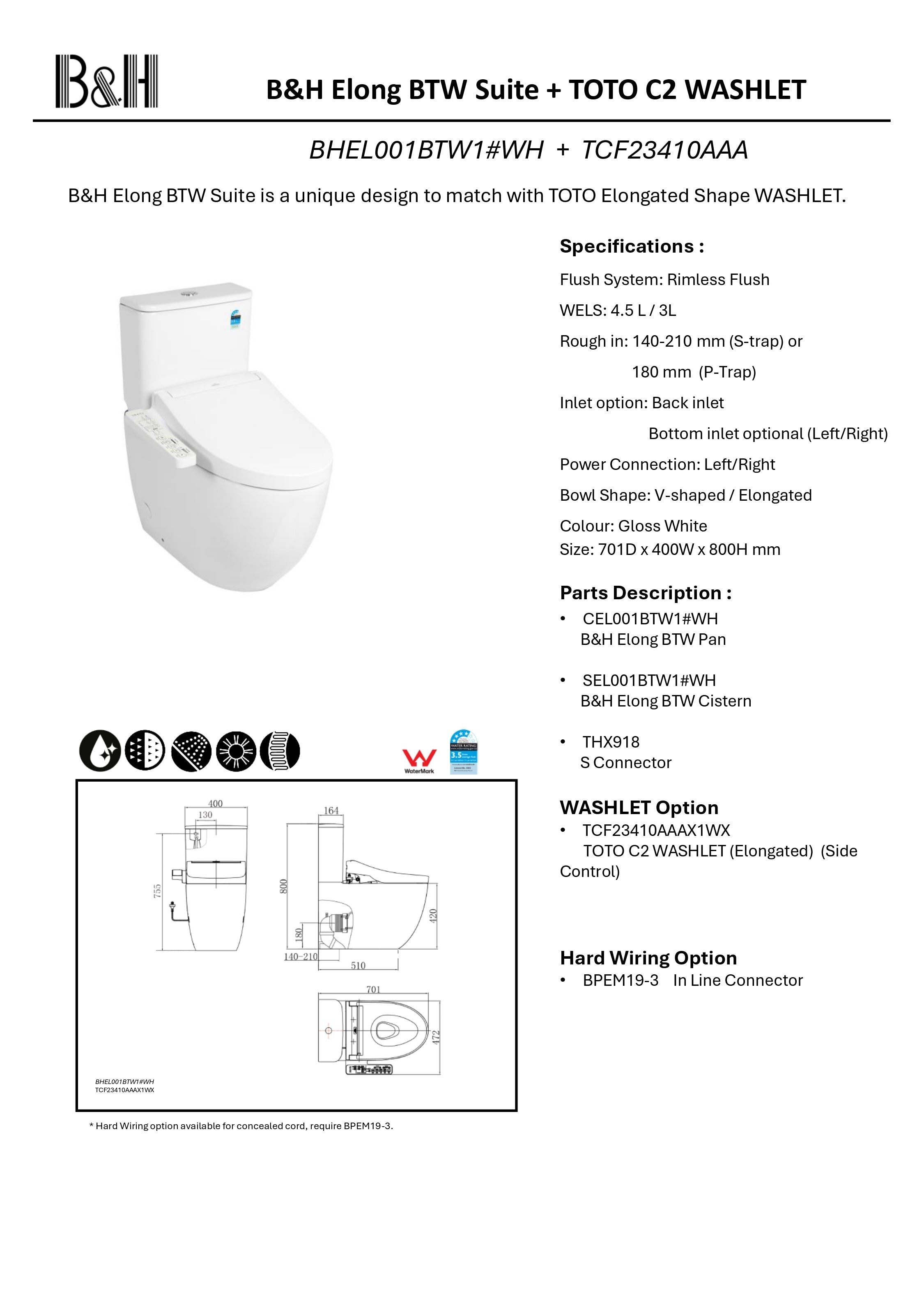 TOTO C2 WASHLET W/ SIDE CONTROL AND B&H BTW TOILET SUITE PACKAGE ELONGATED GLOSS WHITE