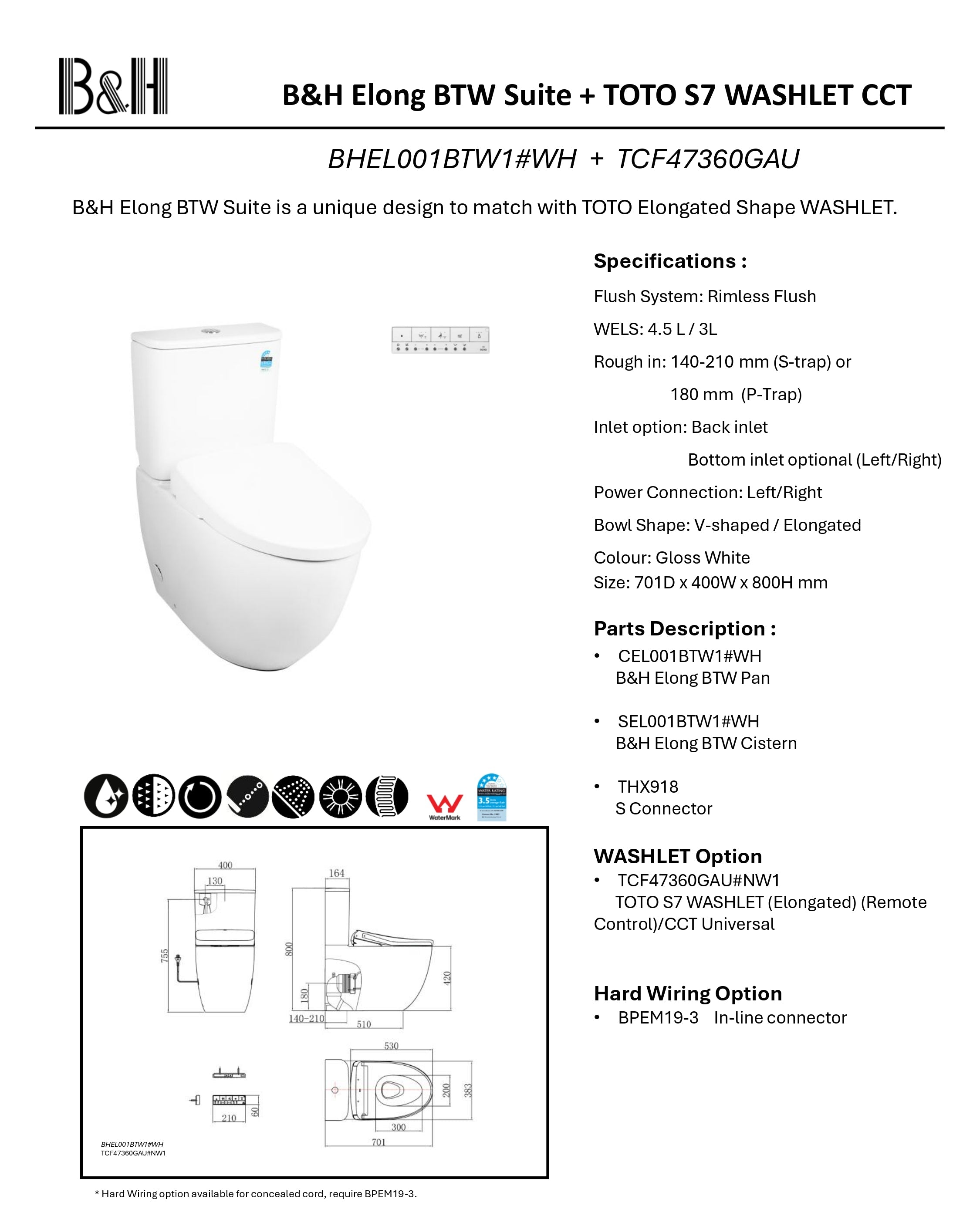 TOTO S7 WASHLET W/ REMOTE CONTROL AND AUTOLID B&H BTW TOILET SUITE PACKAGE ELONGATED GLOSS WHITE