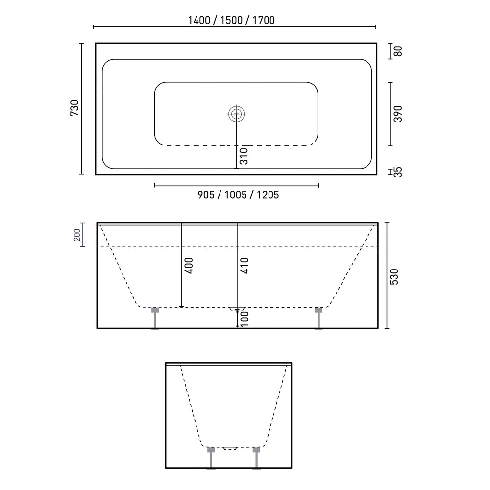 DECINA BIANCO FREESTANDING BACK TO WALL BATHTUB GLOSS WHITE (AVAILABLE IN 1400MM, 1500MM AND 1700MM)