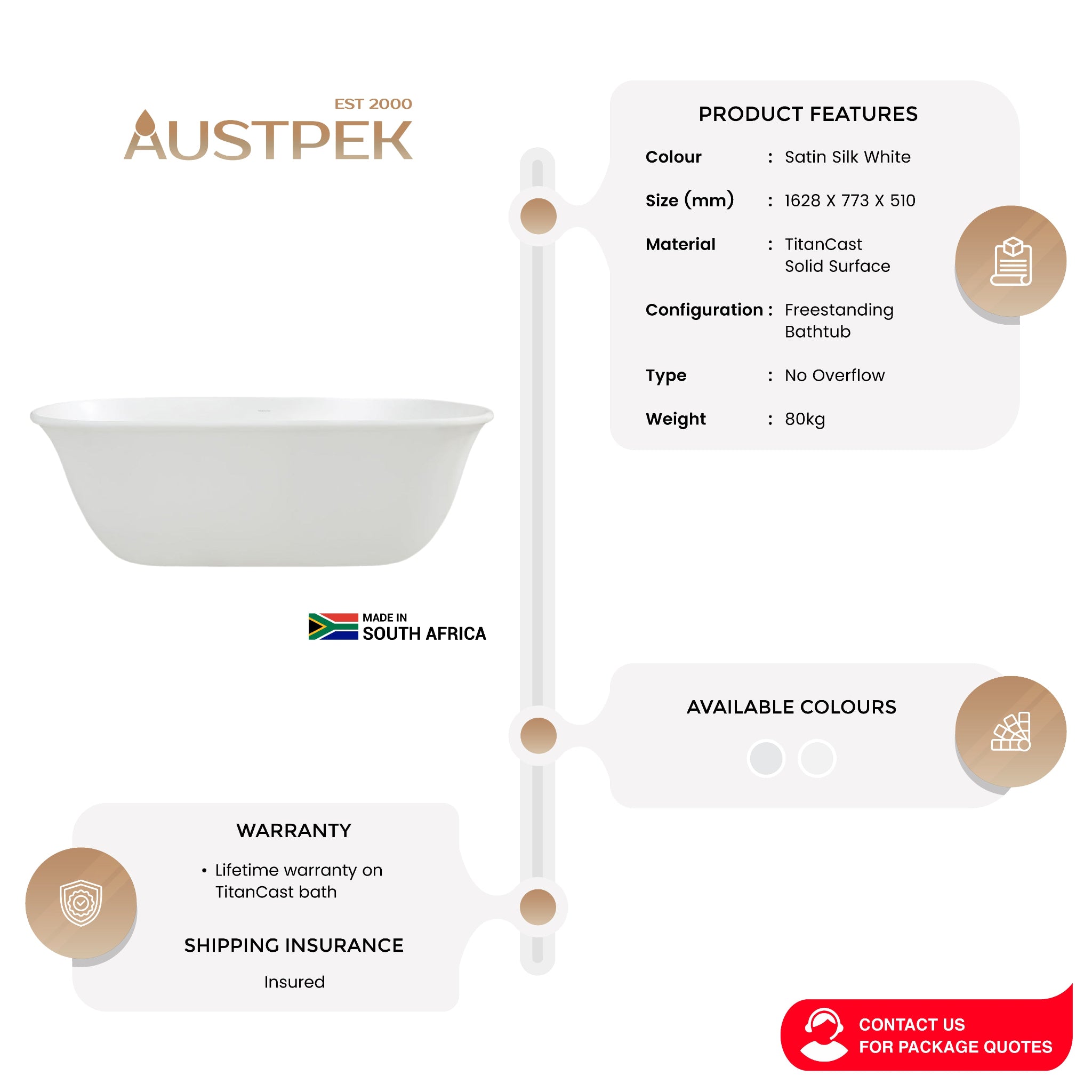 TURNER HASTINGS BLANCHE TITANCAST SOLID SURFACE FREESTANDING BATHTUB SATIN SILK WHITE 1628MM