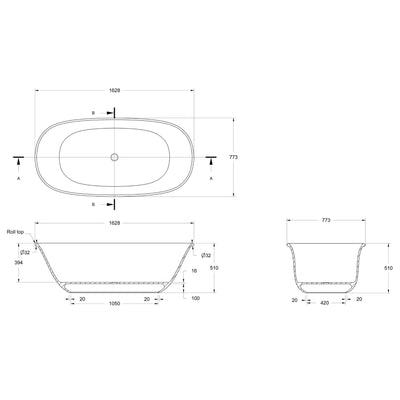 TURNER HASTINGS BLANCHE TITANCAST SOLID SURFACE FREESTANDING BATHTUB GLOSS WHITE 1628MM
