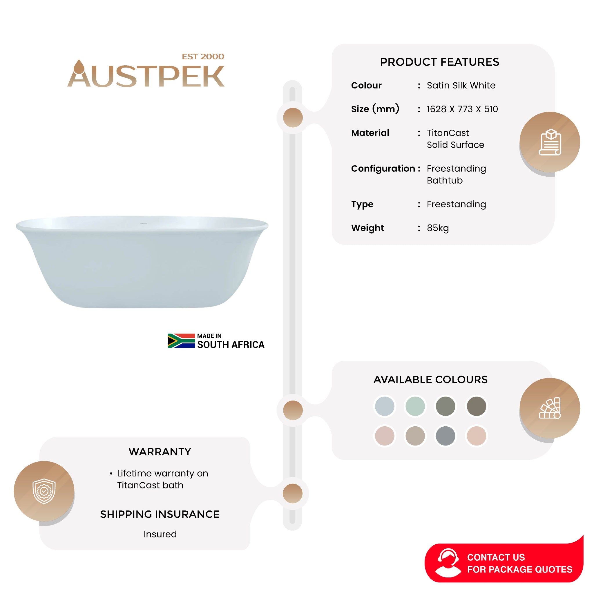 TURNER HASTINGS BLANCHE TITANCAST SOLID SURFACE FREESTANDING BATHTUB SPECIAL FINISH 1628MM