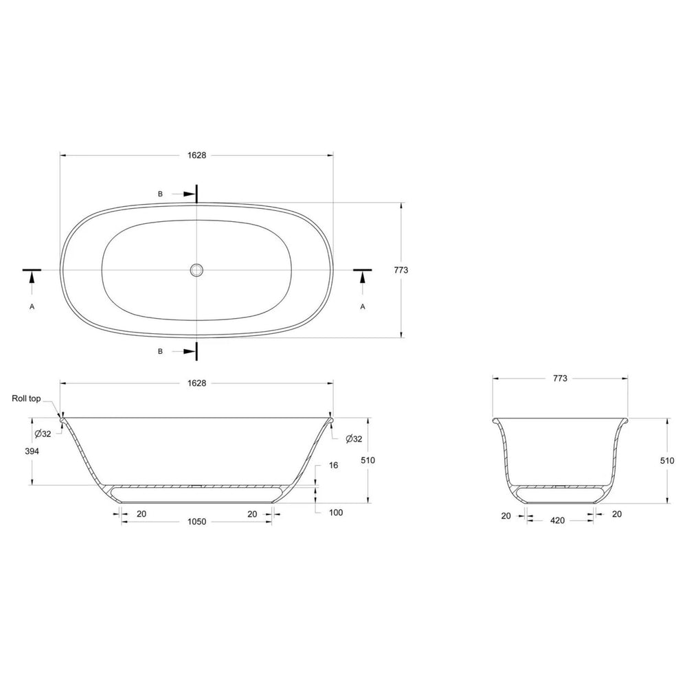 TURNER HASTINGS BLANCHE TITANCAST SOLID SURFACE FREESTANDING BATHTUB SATIN SILK WHITE 1628MM