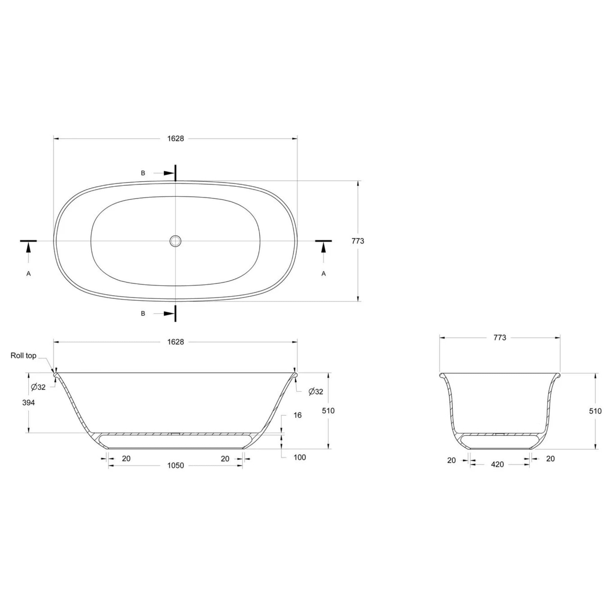 TURNER HASTINGS BLANCHE TITANCAST SOLID SURFACE FREESTANDING BATHTUB SATIN SILK WHITE 1628MM