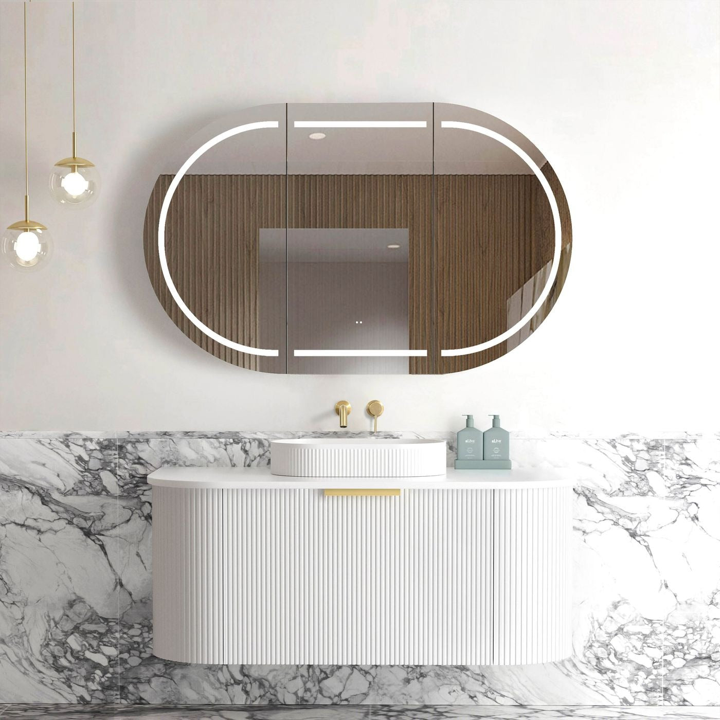 OTTI BONDI MATTE WHITE FLUTED 1200MM CURVE SINGLE BOWL WALL HUNG VANITY