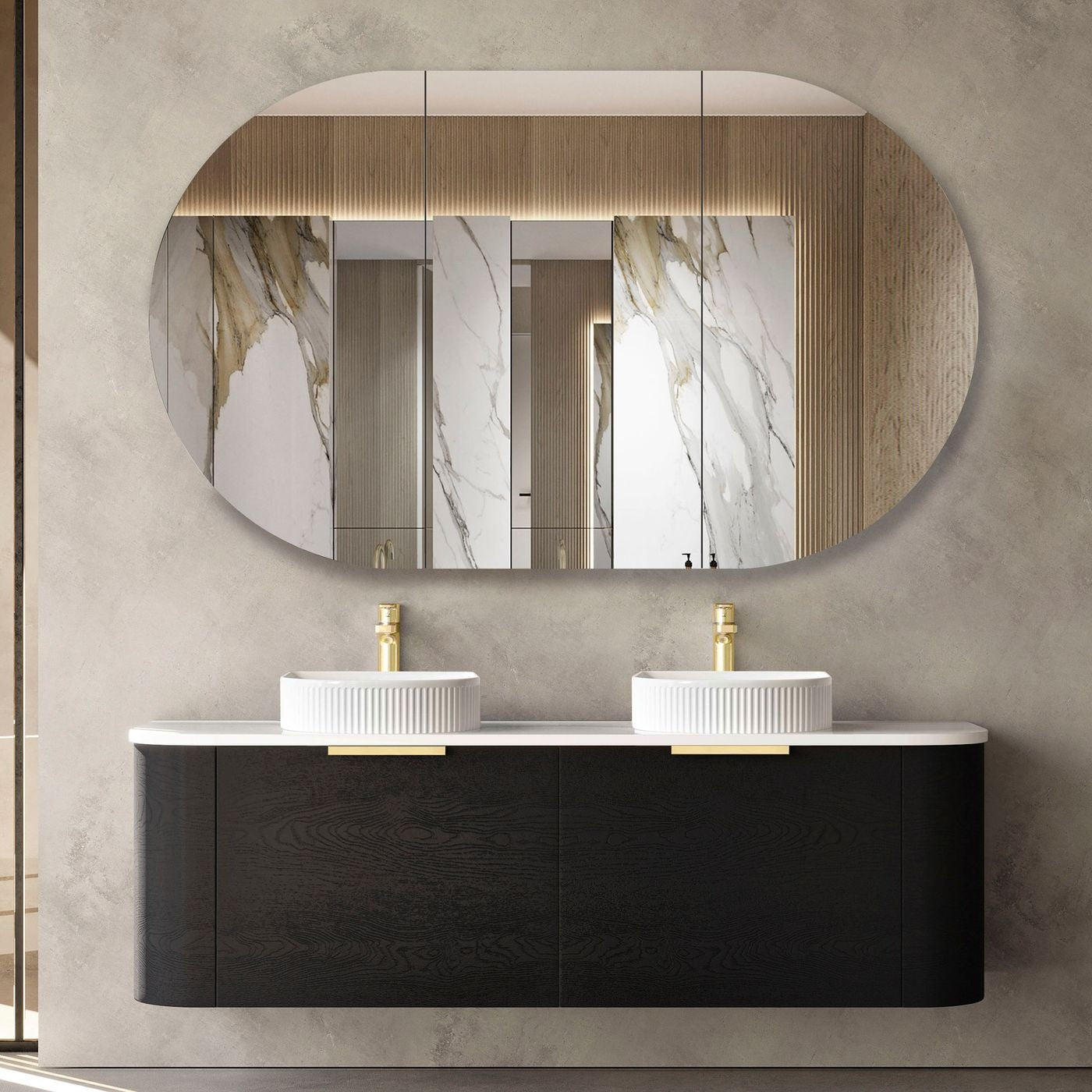 OTTI BONDI BLACK OAK 1500MM CURVE DOUBLE BOWL WALL HUNG VANITY