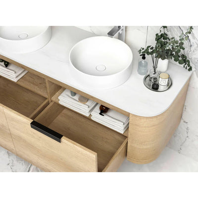 OTTI BONDI NATURAL OAK 1500MM CURVE DOUBLE BOWL WALL HUNG VANITY